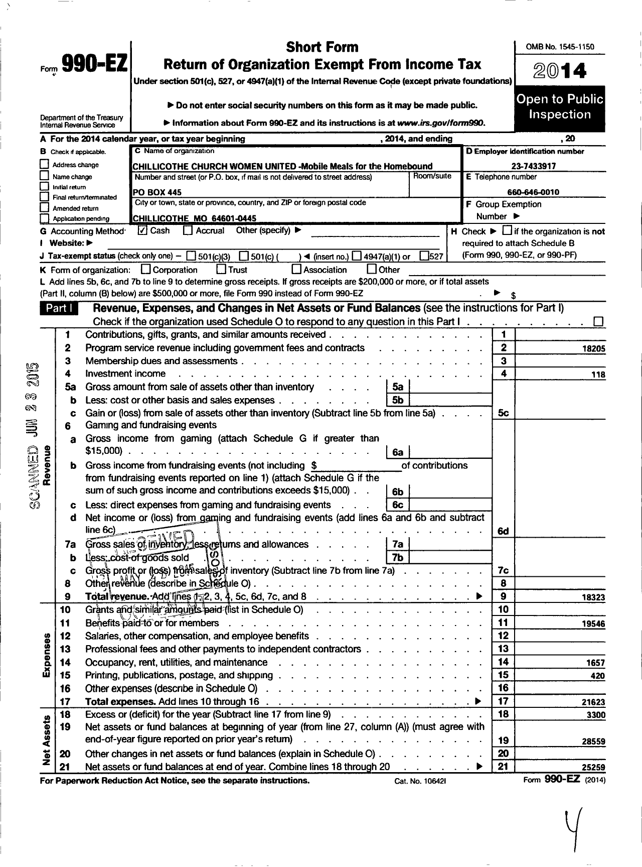 Image of first page of 2014 Form 990EO for Chillicothe Church Women United- Mobile Meals for Homebound