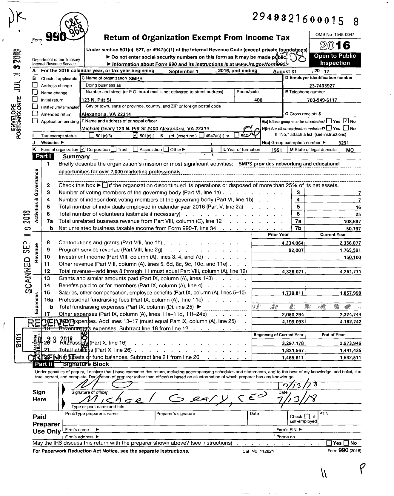 Image of first page of 2016 Form 990O for Society for Marketing Professional Services (SMPS)