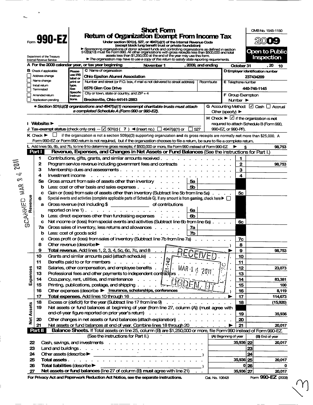 Image of first page of 2009 Form 990EO for Ohio Epsilon Alumni Association