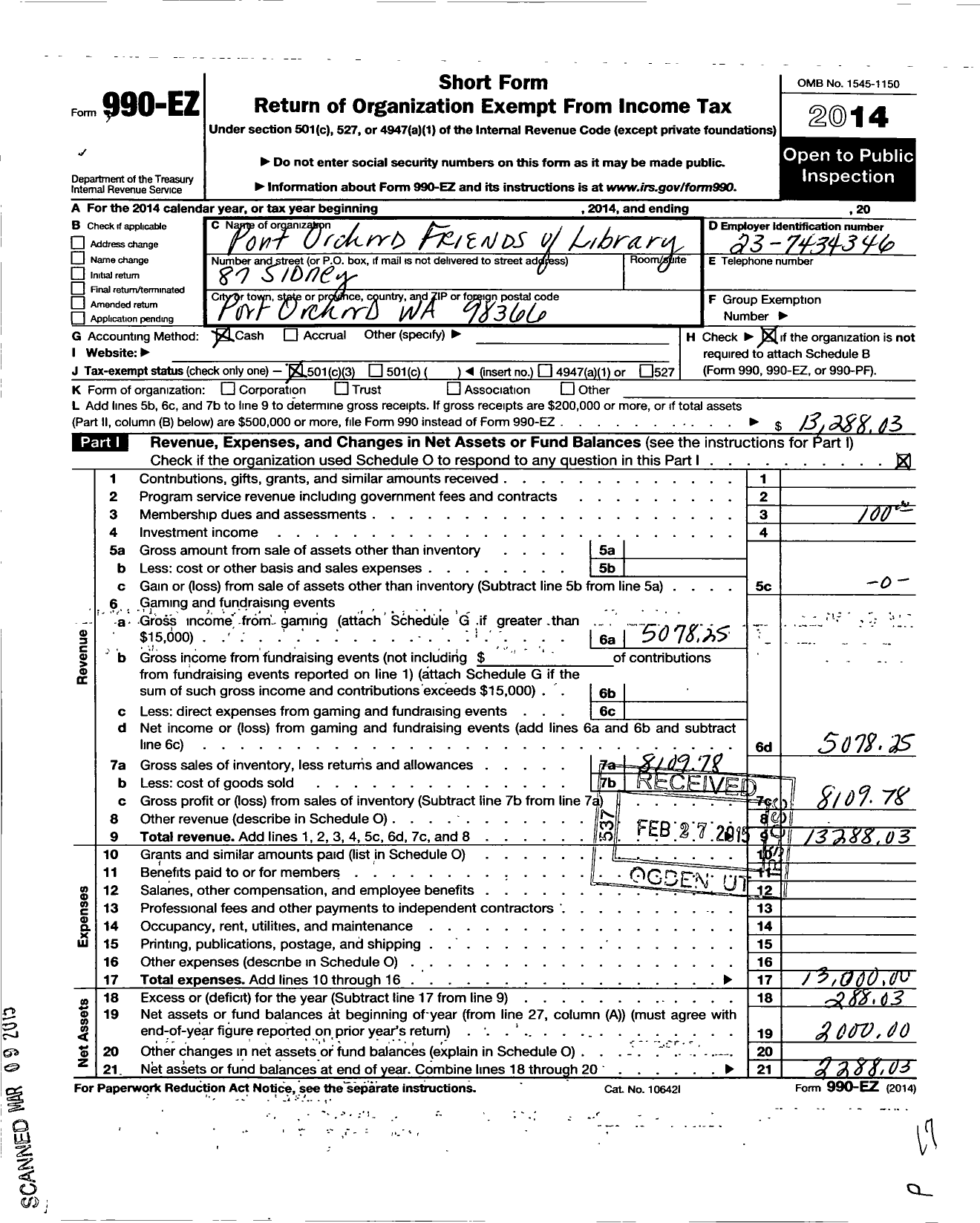 Image of first page of 2014 Form 990EZ for Port Orchard Friends of the Library