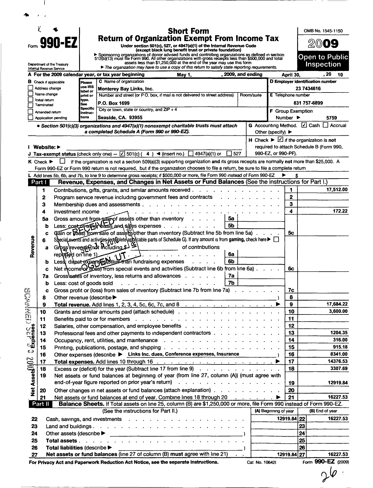 Image of first page of 2009 Form 990EO for Links / Monterey Bay Chapter