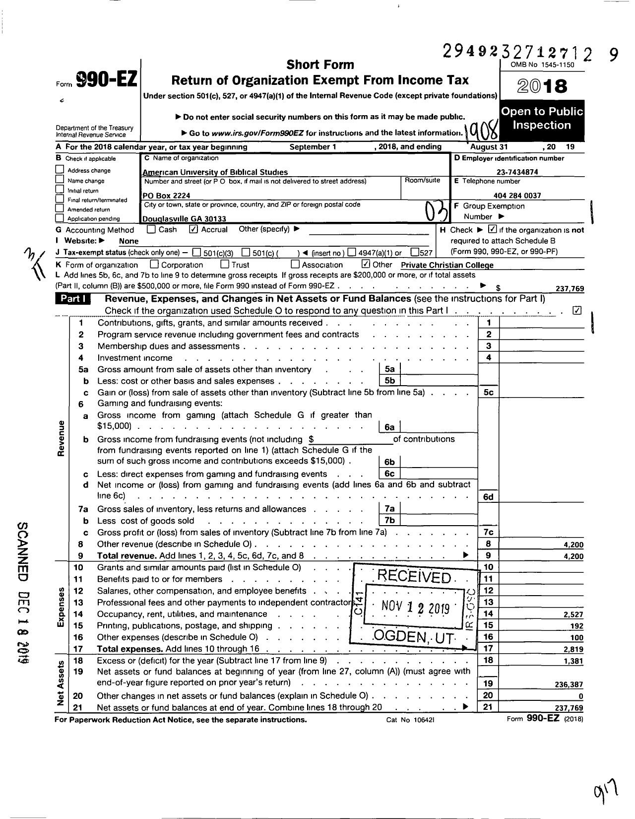 Image of first page of 2018 Form 990EZ for American University of Biblical Studies