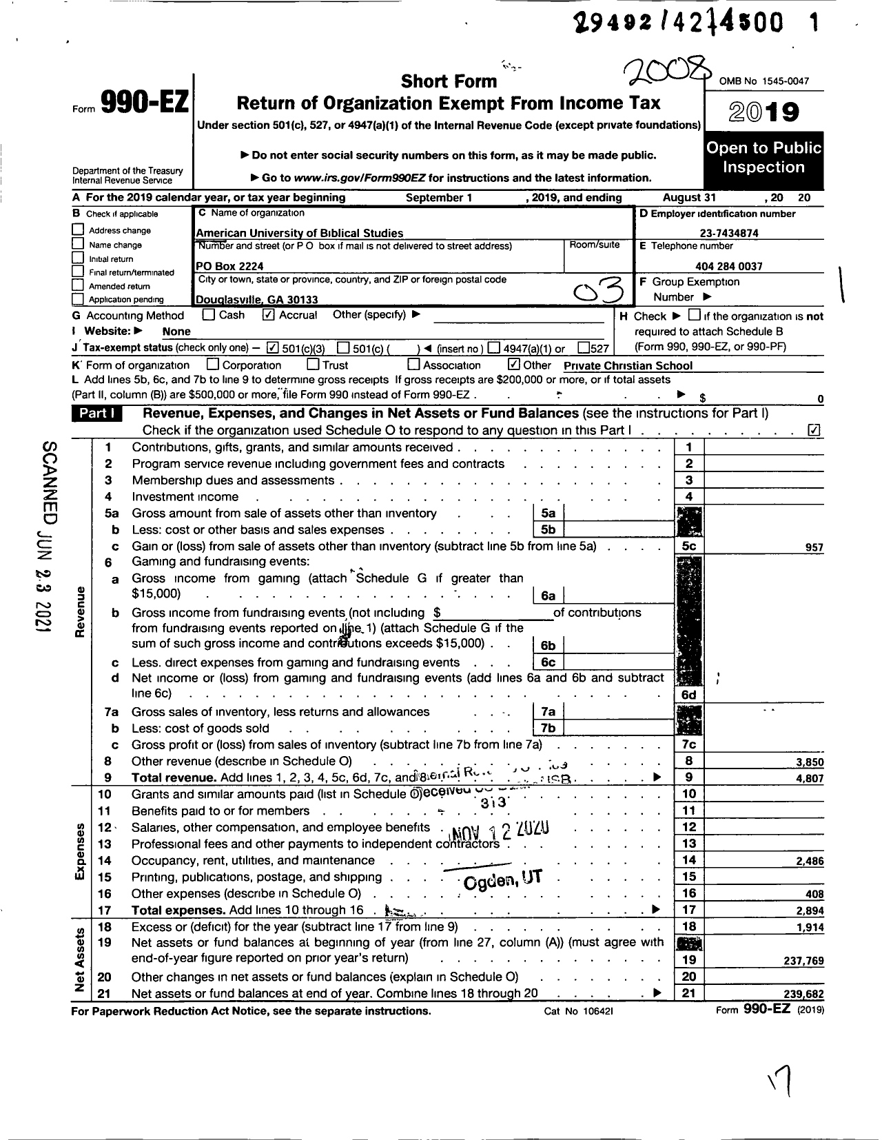 Image of first page of 2019 Form 990EZ for American University of Biblical Studies