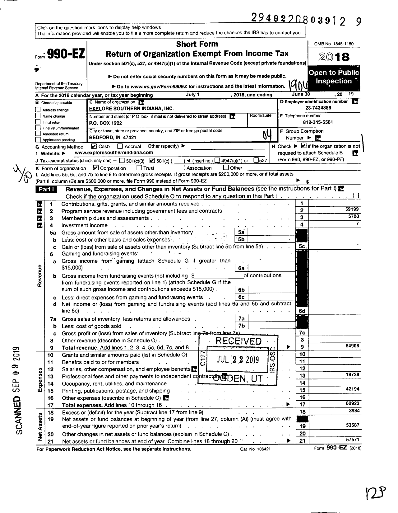 Image of first page of 2018 Form 990EO for Explore Southern Indiana