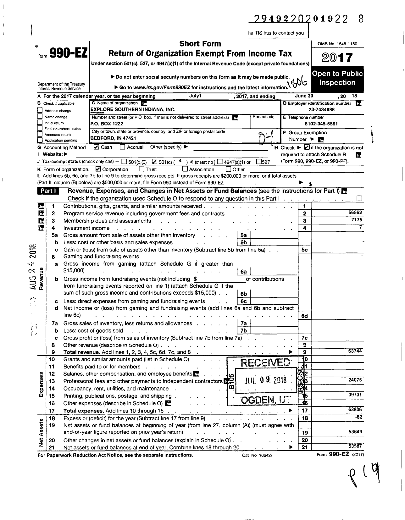 Image of first page of 2017 Form 990EO for Explore Southern Indiana