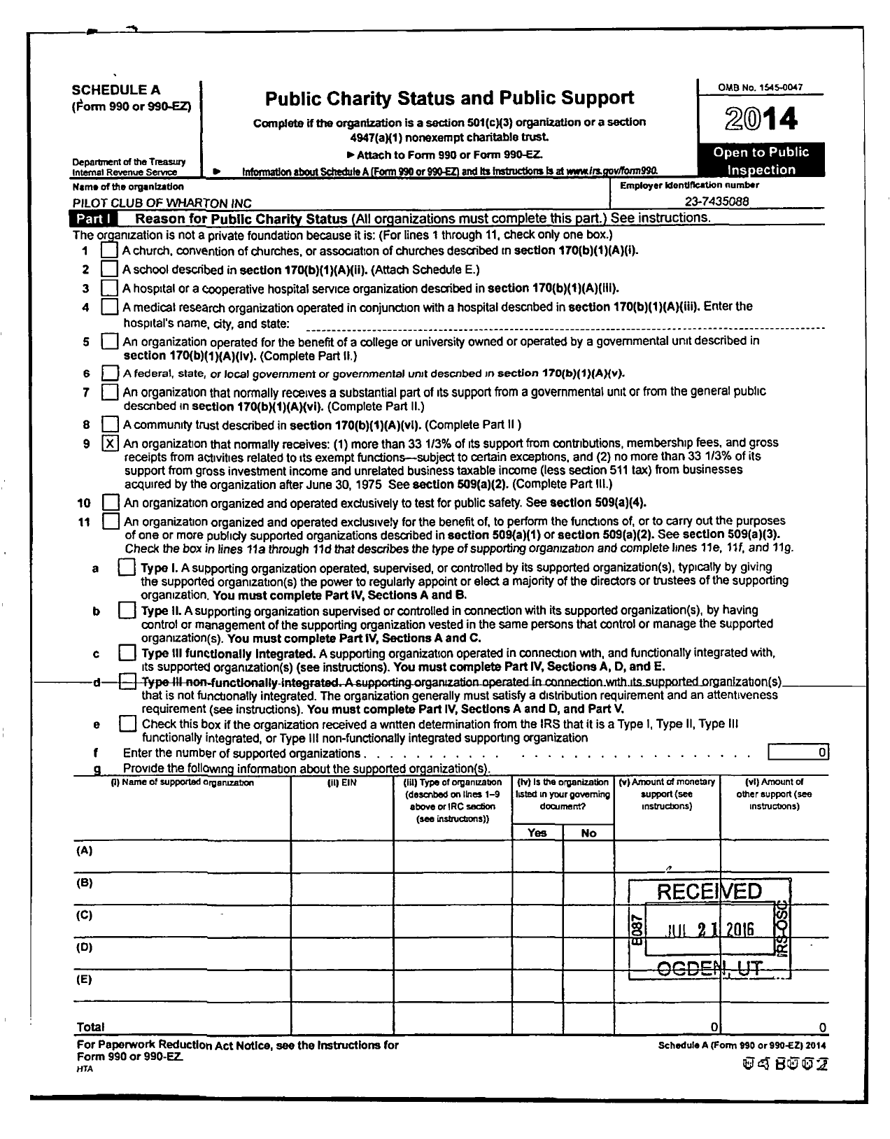 Image of first page of 2014 Form 990ER for Pilot Club of Wharton