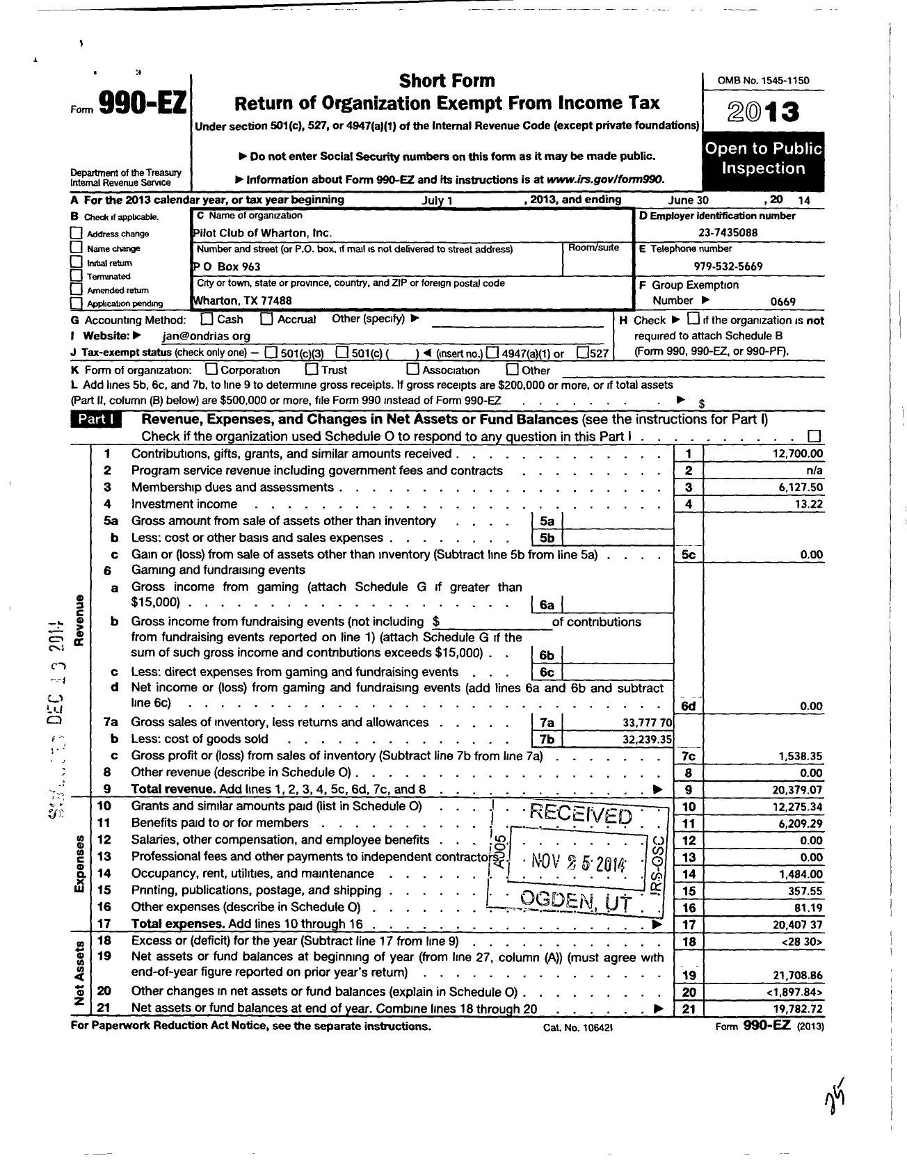 Image of first page of 2013 Form 990EO for Pilot Club of Wharton