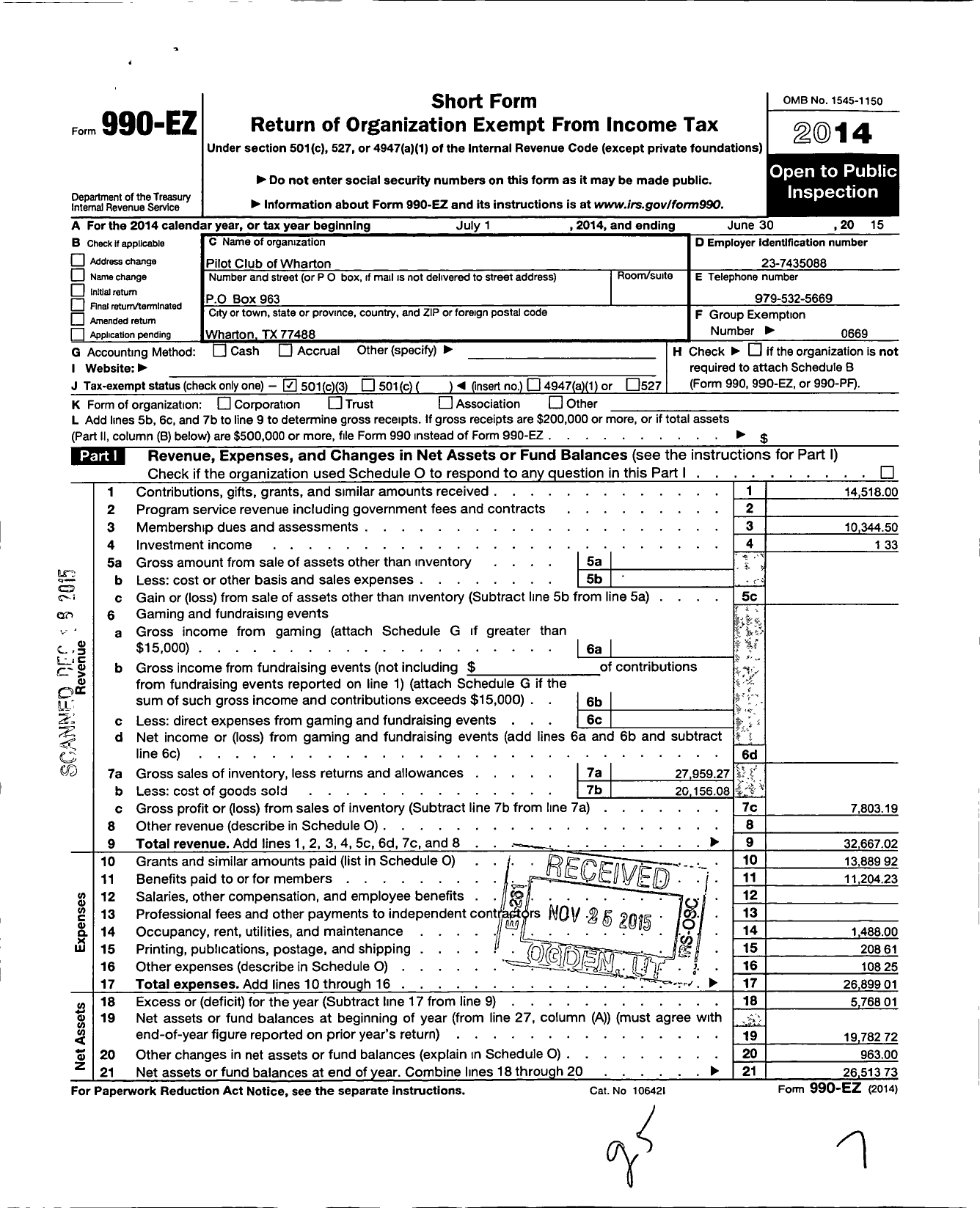 Image of first page of 2014 Form 990EZ for Pilot Club of Wharton