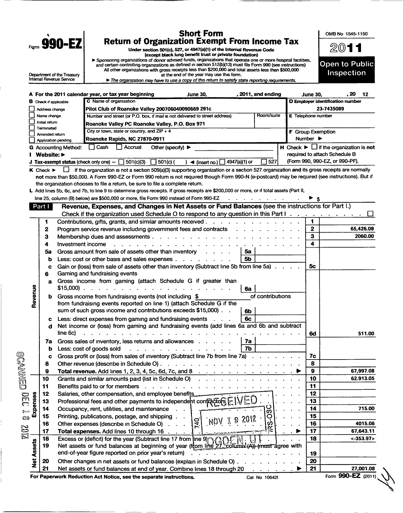Image of first page of 2011 Form 990EO for Pilot Club International / Pilot Club of Roanoke Valley