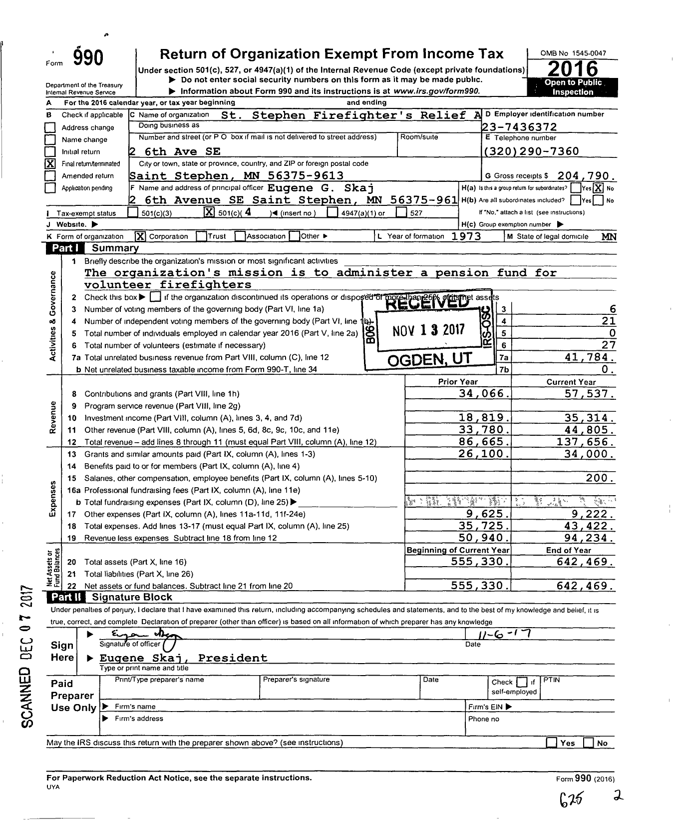Image of first page of 2016 Form 990O for St Stephen Firefighter's Relief Association