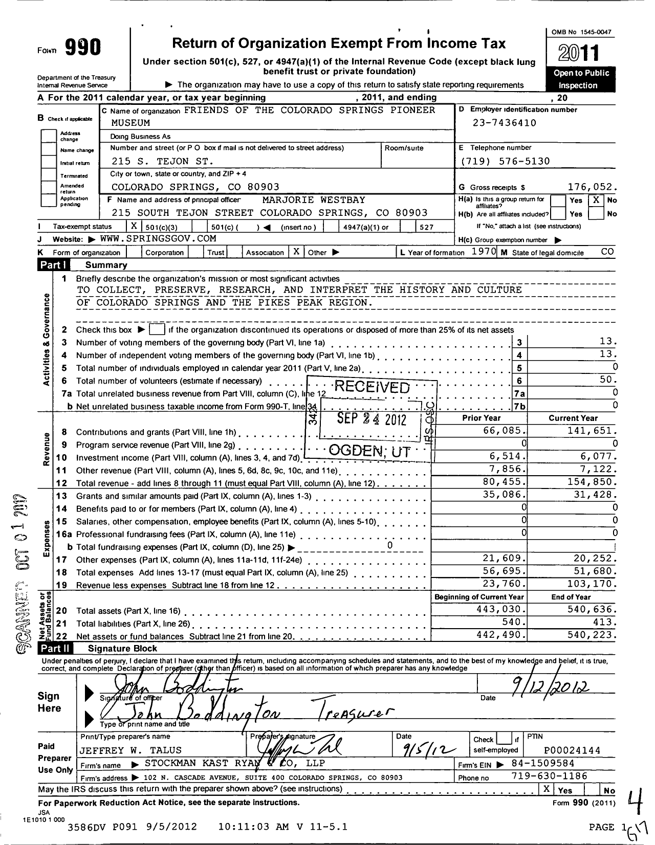 Image of first page of 2011 Form 990 for Friends of the Colorado Springs Pioneer Museum