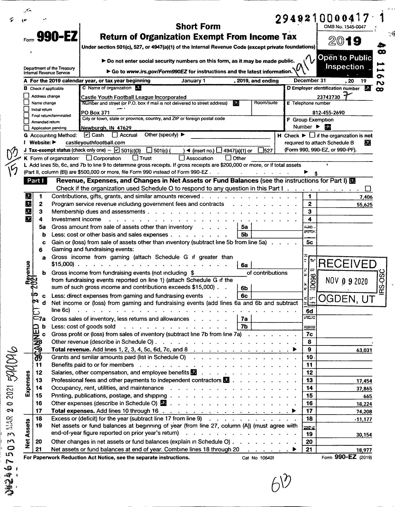 Image of first page of 2019 Form 990EZ for Castle Youth Football League Incorporated