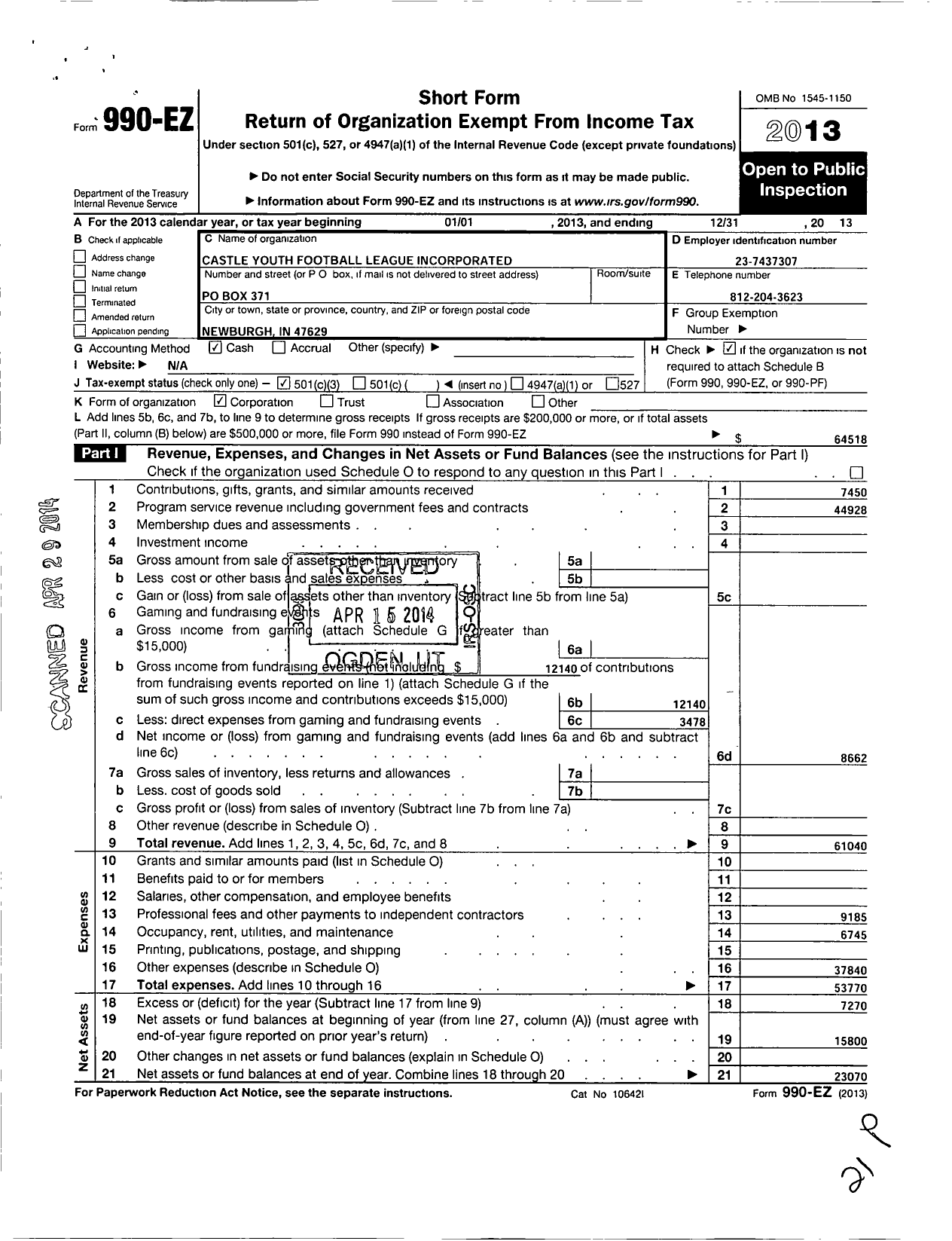 Image of first page of 2013 Form 990EZ for Castle Youth Football League Incorporated