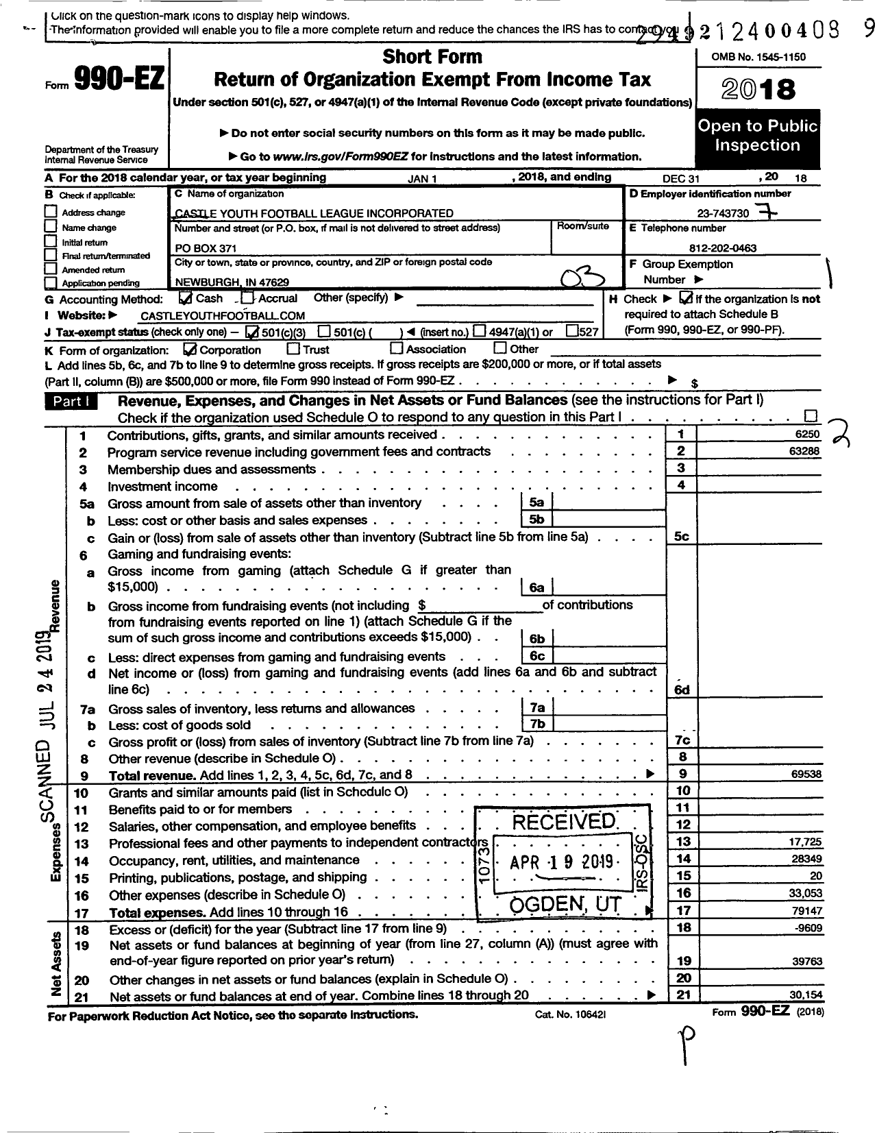 Image of first page of 2018 Form 990EZ for Castle Youth Football League Incorporated