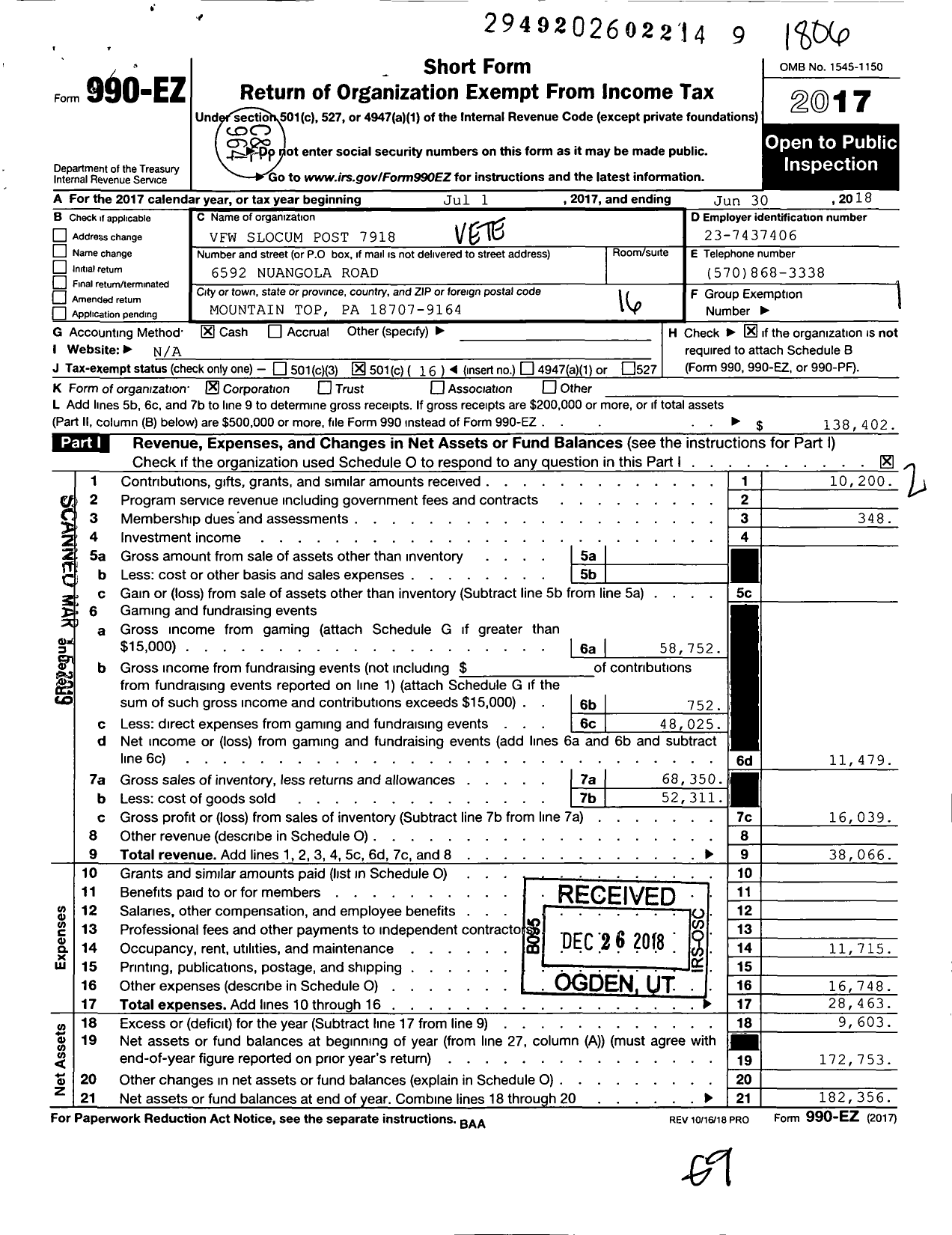 Image of first page of 2017 Form 990EO for VFW Department of Pennsylvania - 7918 Slocum Memorial Post