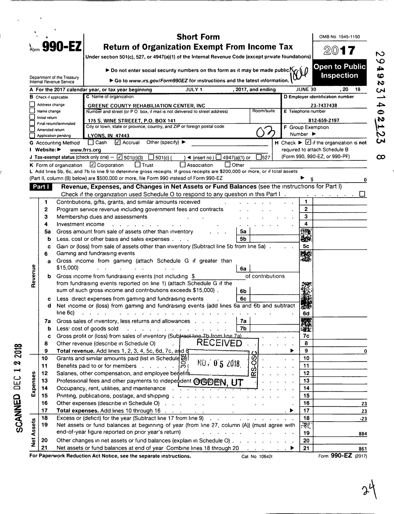 Image of first page of 2017 Form 990EZ for Greene County Rehabilitation Center