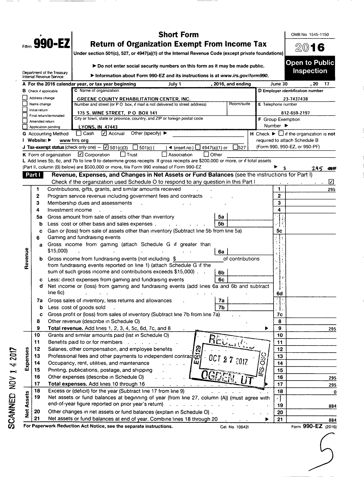 Image of first page of 2016 Form 990EZ for Greene County Rehabilitation Center