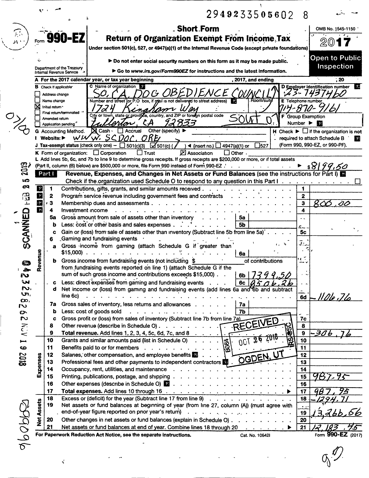 Image of first page of 2017 Form 990EO for Southern California Dog Obedience C Council