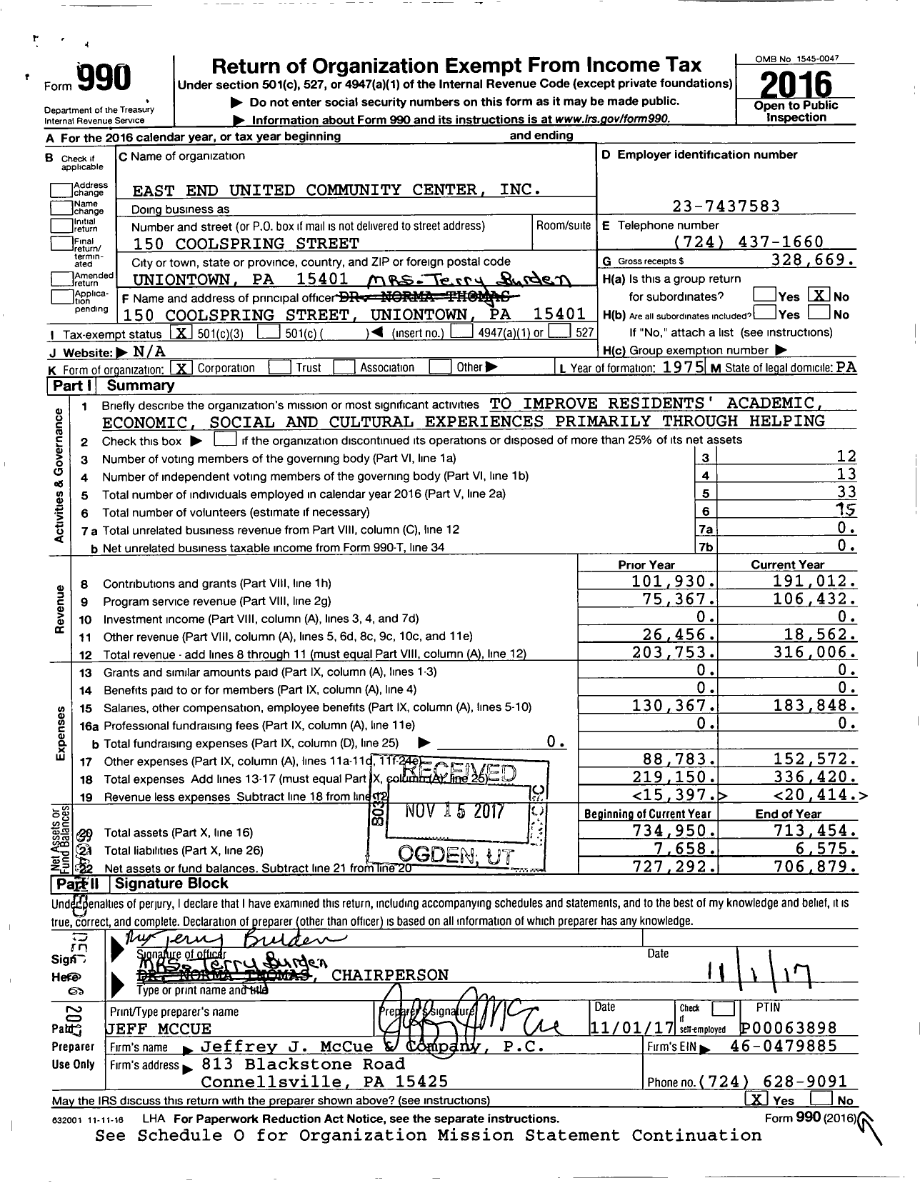 Image of first page of 2016 Form 990 for East End United Community Center