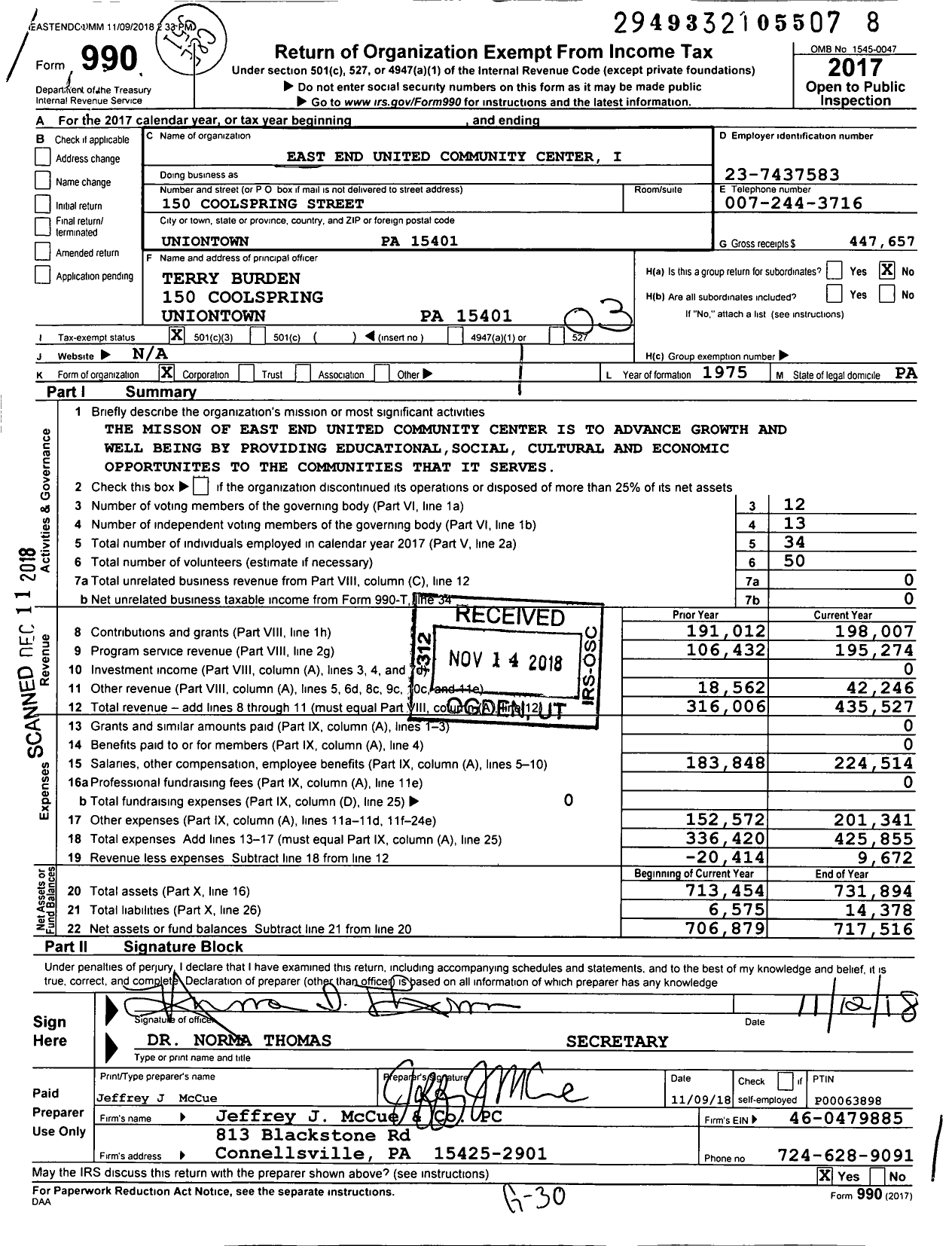 Image of first page of 2017 Form 990 for East End United Community Center