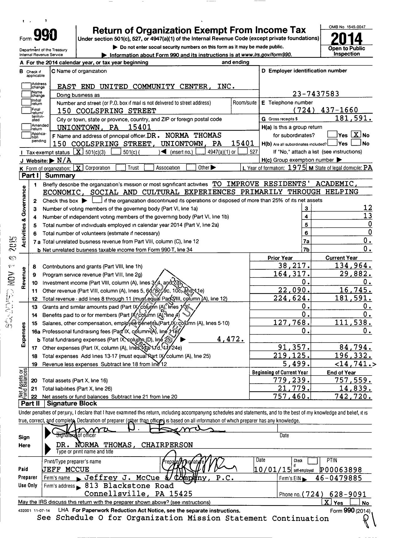 Image of first page of 2014 Form 990 for East End United Community Center I