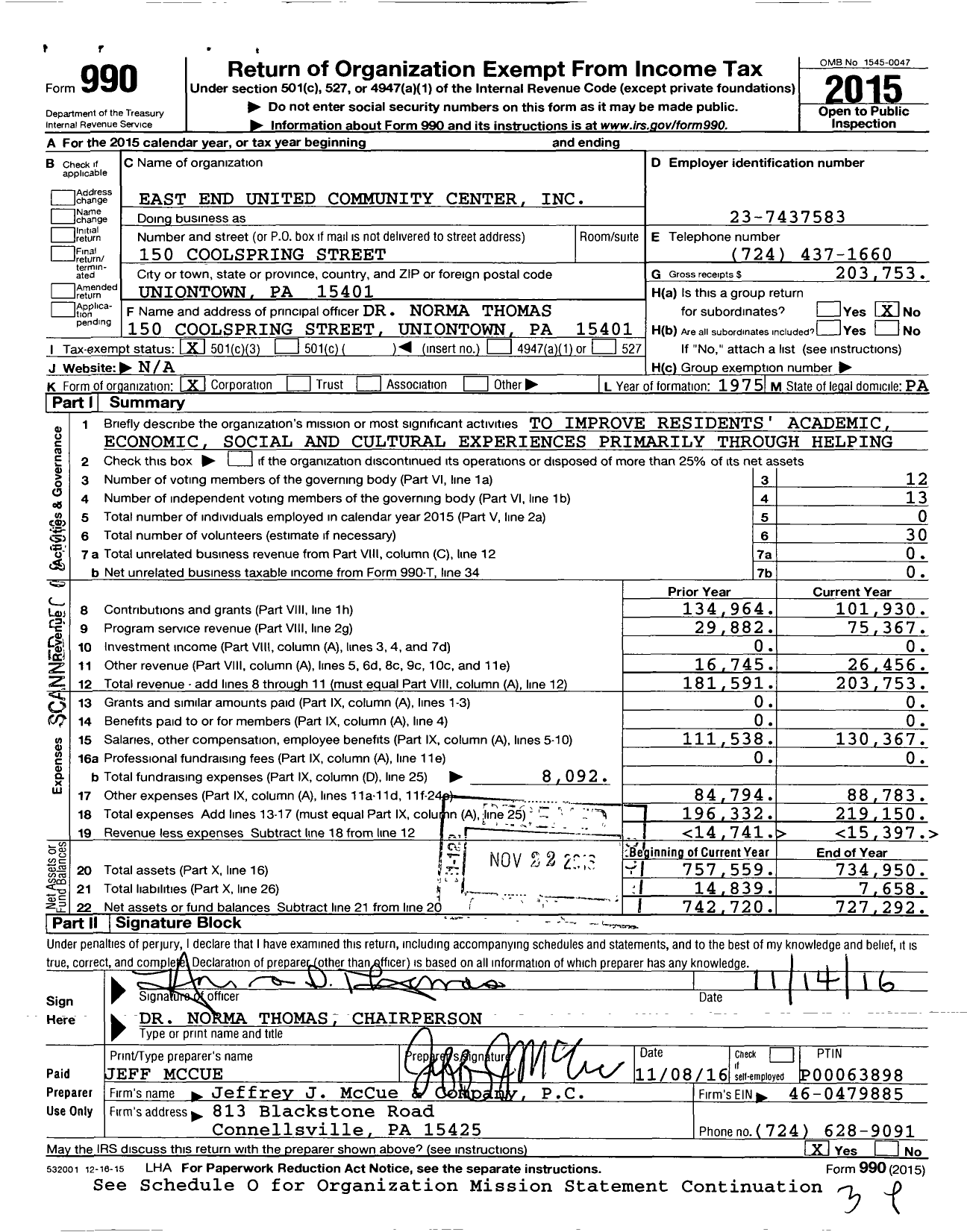 Image of first page of 2015 Form 990 for East End United Community Center
