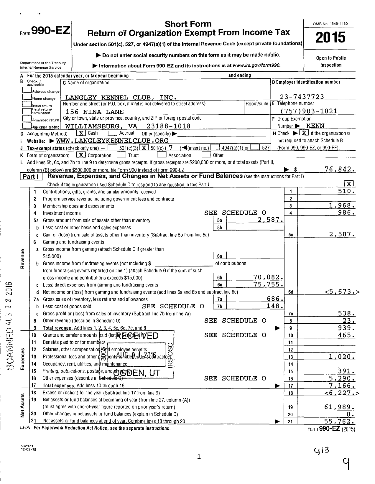 Image of first page of 2015 Form 990EO for Langley Kennel Club