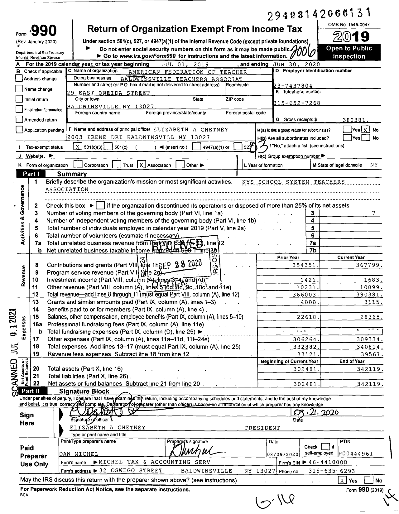 Image of first page of 2019 Form 990 for American Federation of Teachers - Baldwinsville Teachers Associa