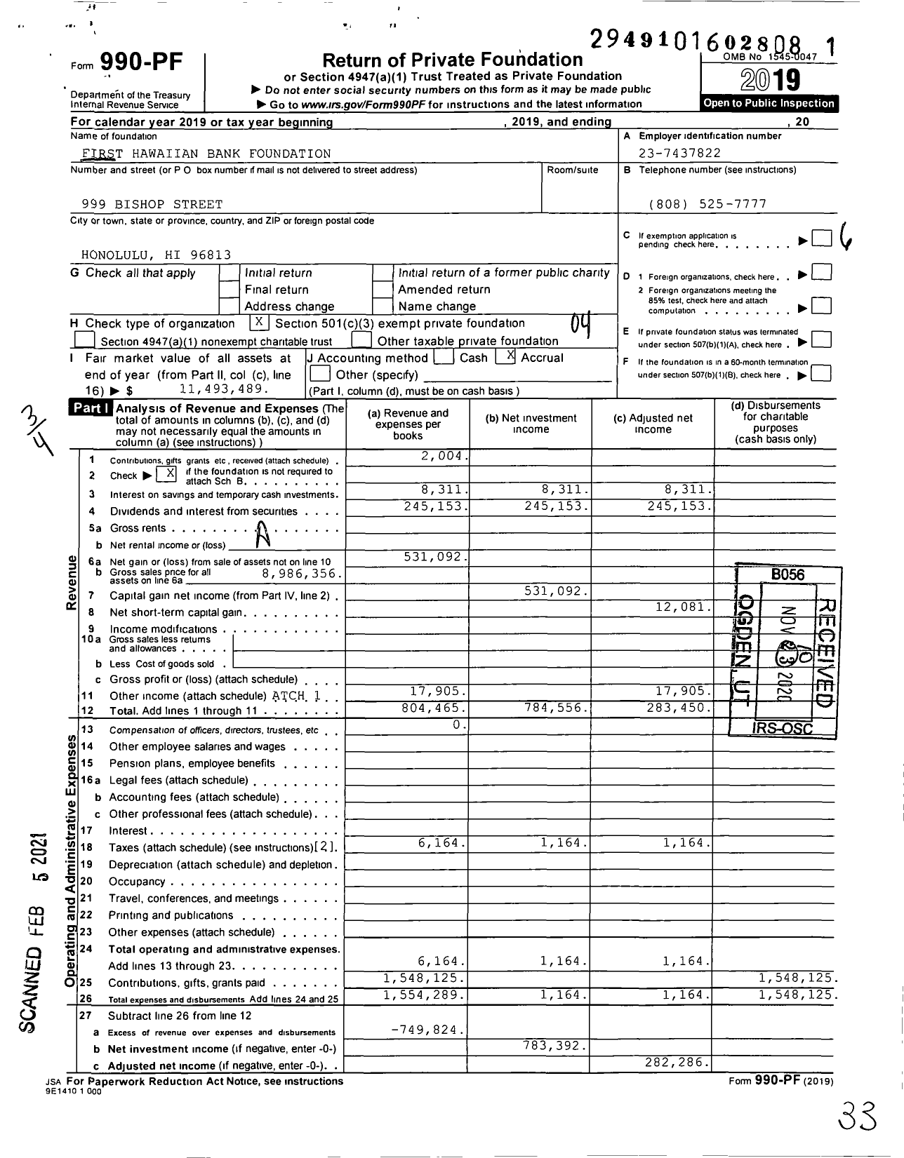 Image of first page of 2019 Form 990PF for First Hawaiian Bank Foundation