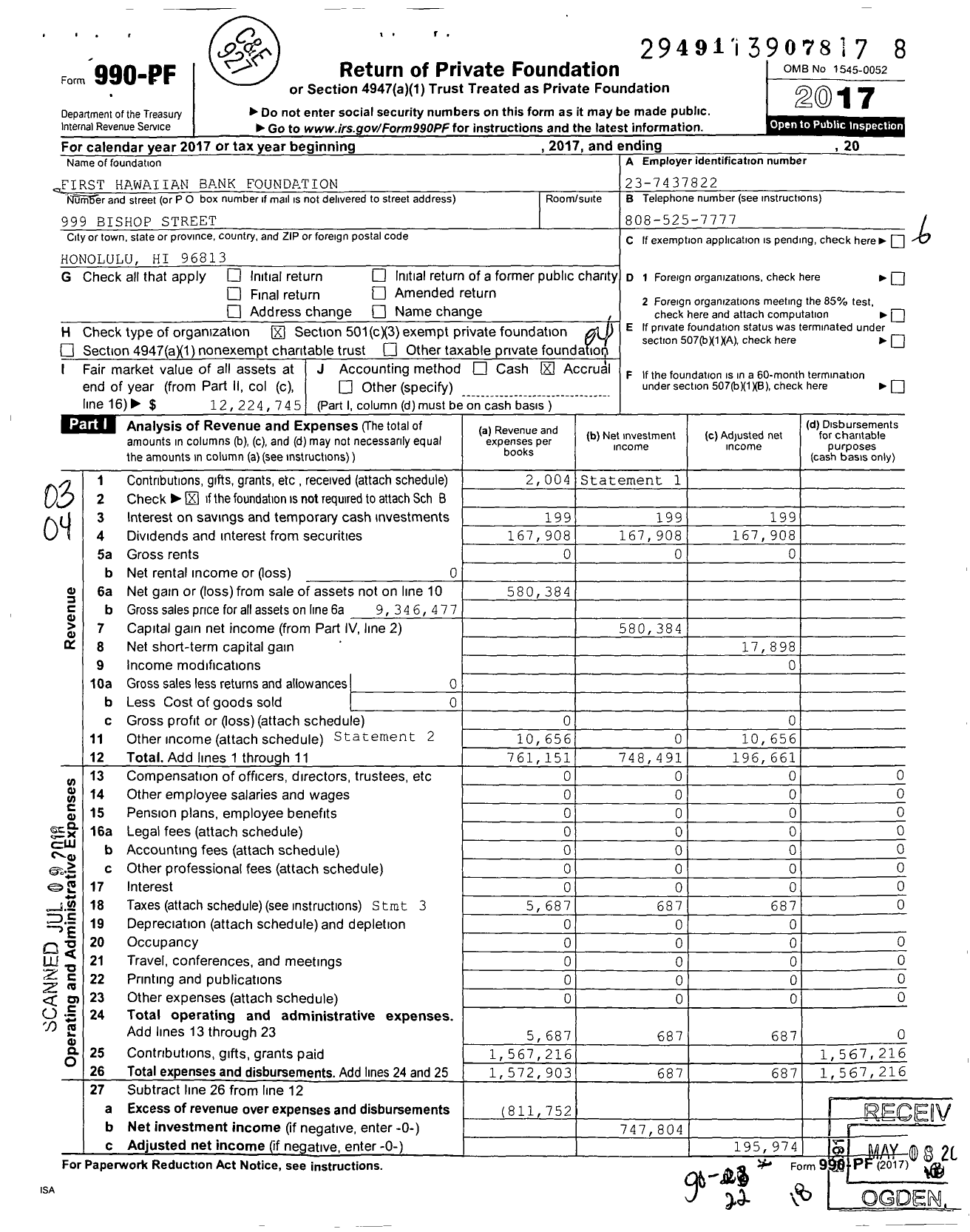 Image of first page of 2017 Form 990PF for First Hawaiian Bank Foundation