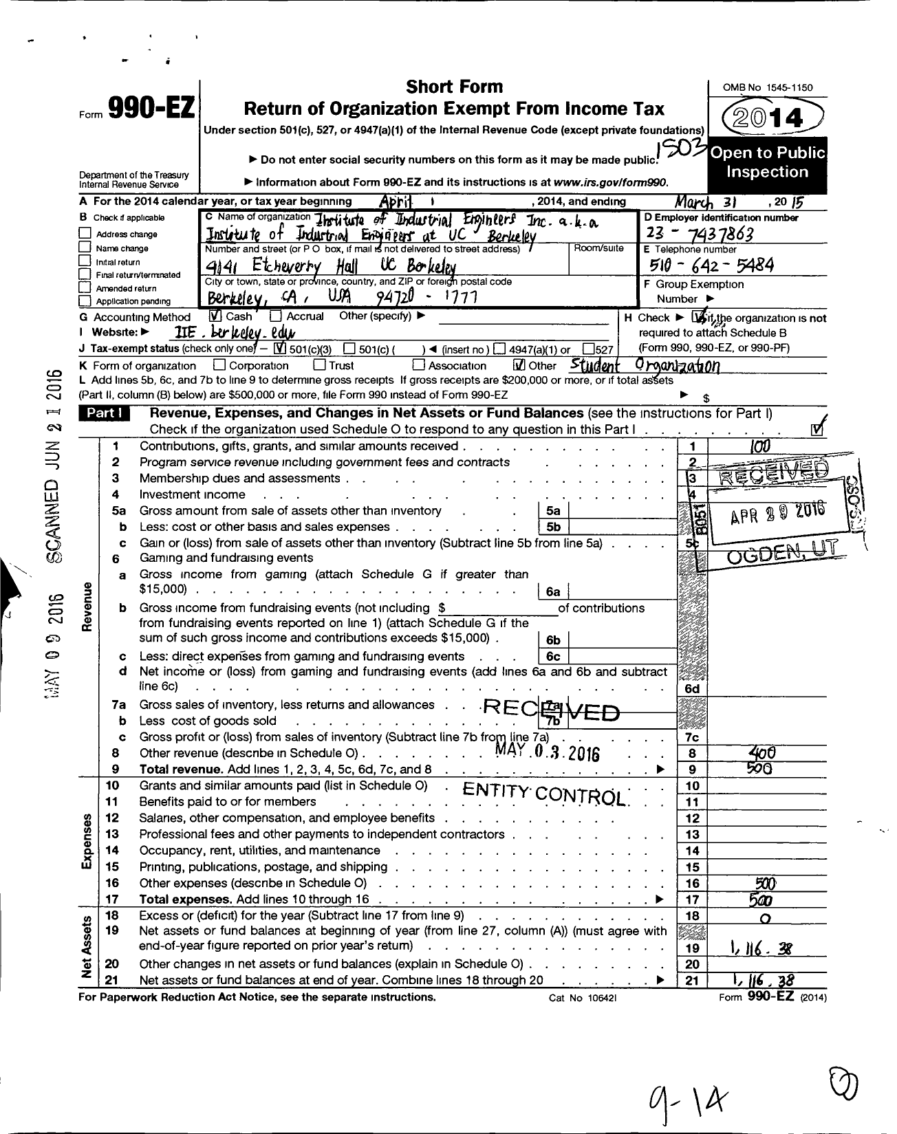 Image of first page of 2014 Form 990EZ for Institute of Industrial Engineers - 808 Univ of California-Berkeley