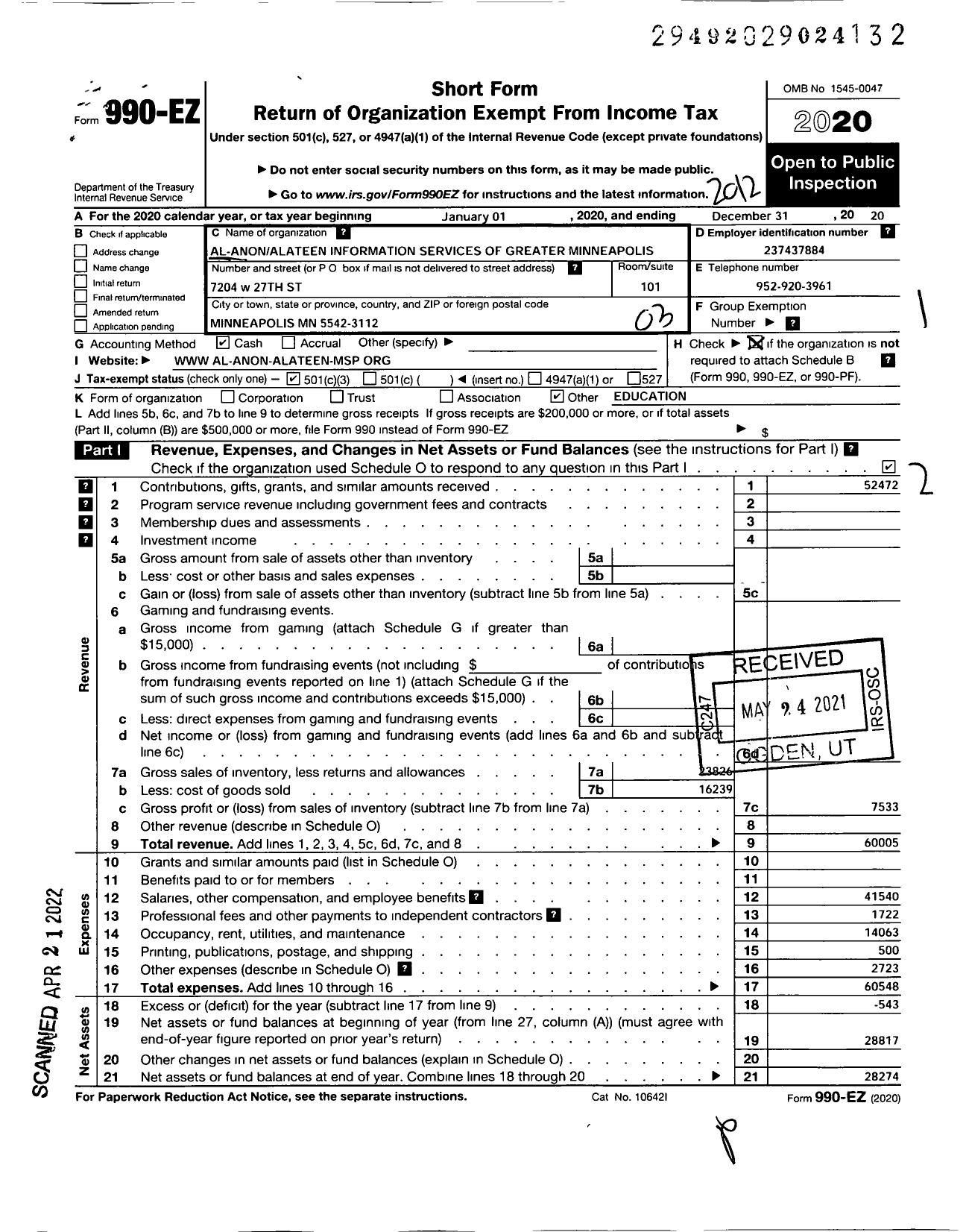 Image of first page of 2020 Form 990EZ for Al-Anon Alateen Information Services of Greater Minneapolis