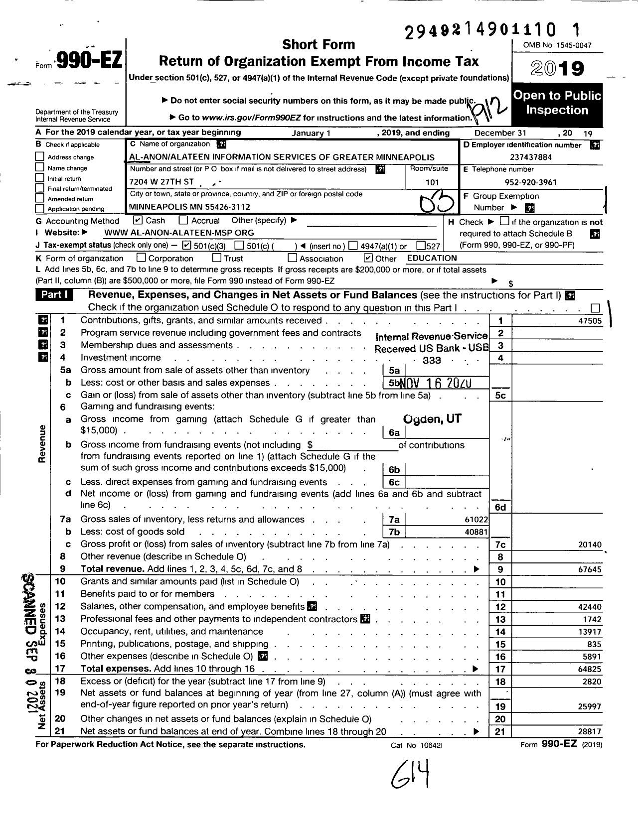 Image of first page of 2019 Form 990EZ for Al-Anon Alateen Information Services of Greater Minneapolis