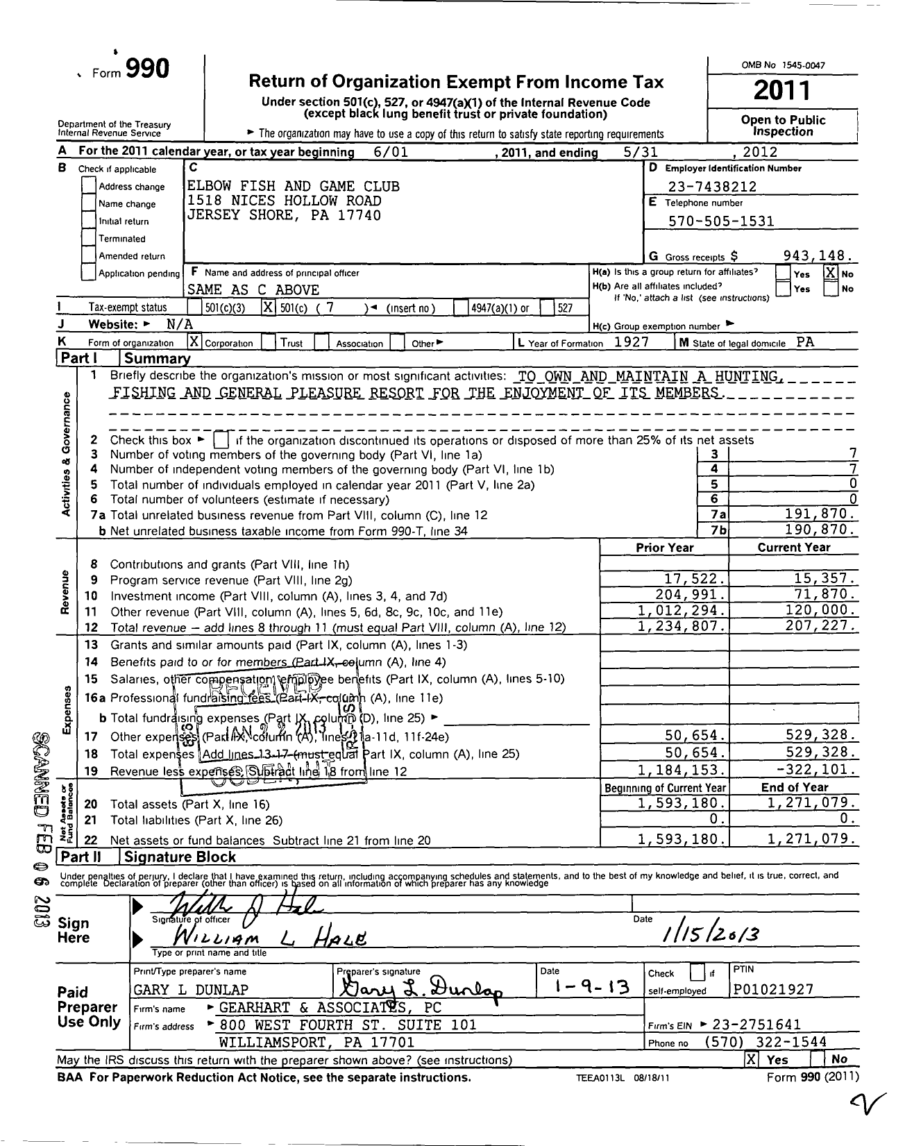 Image of first page of 2011 Form 990O for Elbow Fish and Game Club