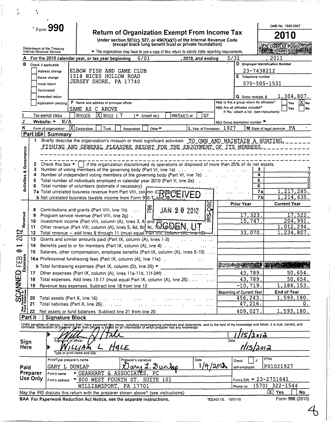 Image of first page of 2010 Form 990O for Elbow Fish and Game Club