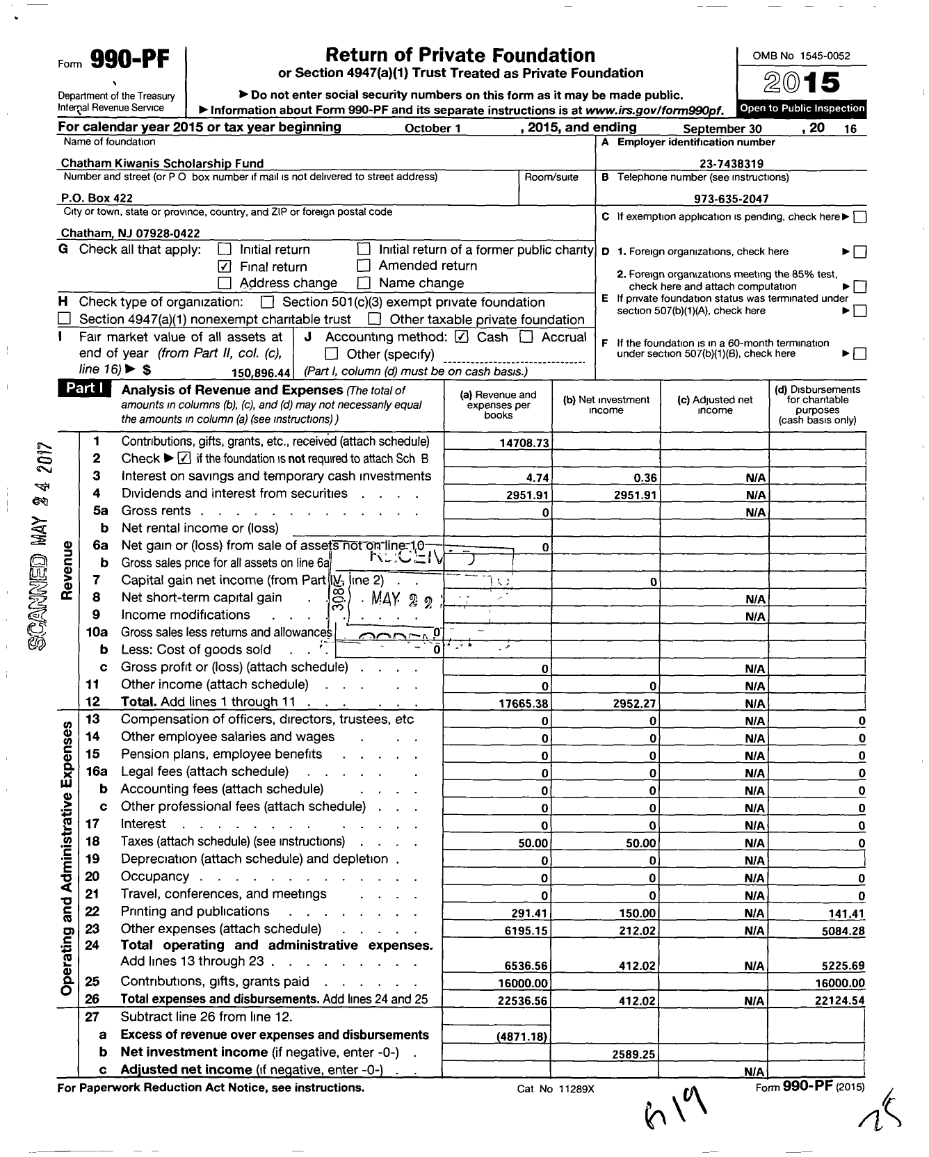 Image of first page of 2015 Form 990PF for Chatham Kiwanis Scholarship Fund % Stockholm