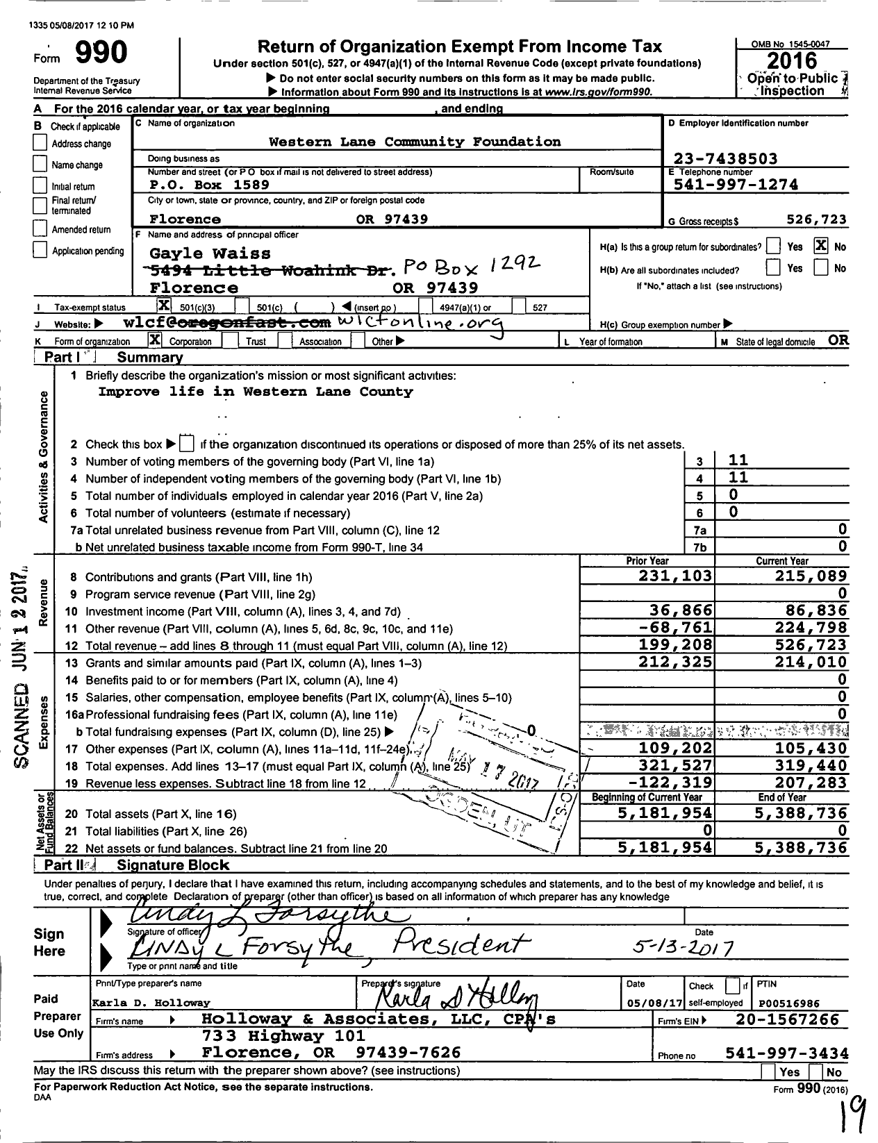 Image of first page of 2016 Form 990 for Western Lane Community Foundation