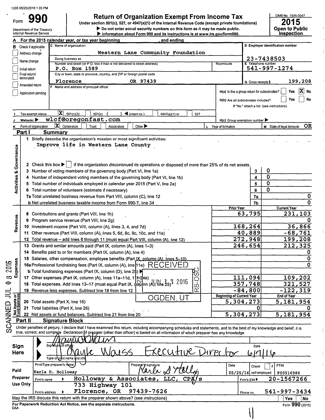 Image of first page of 2015 Form 990 for Western Lane Community Foundation