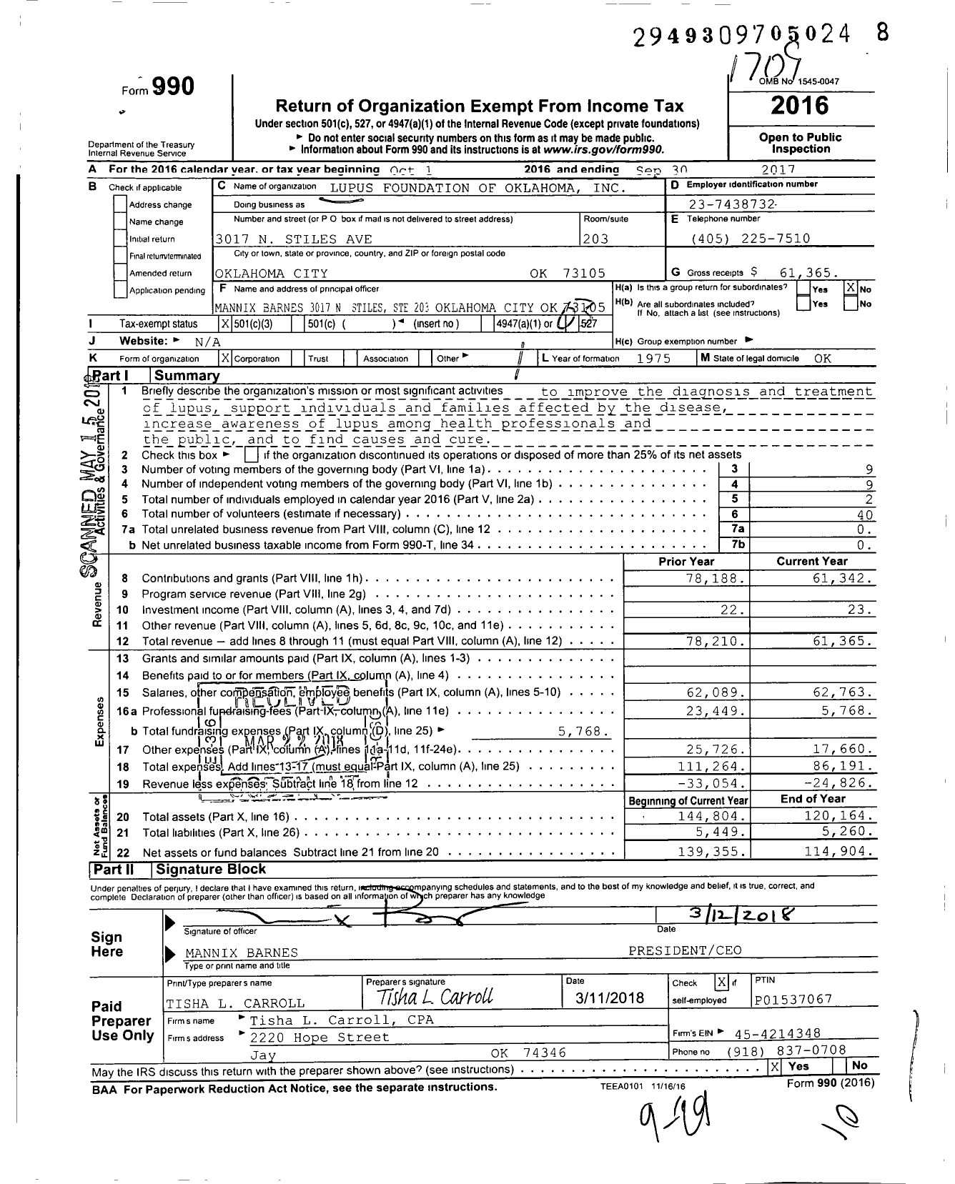 Image of first page of 2016 Form 990 for Lupus Foundation of Oklahoma