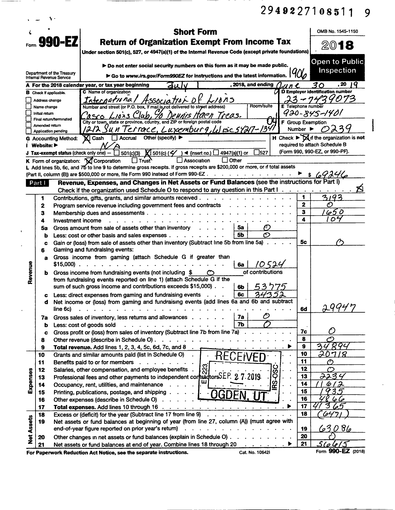 Image of first page of 2018 Form 990EO for Lions Clubs - 30503 Casco