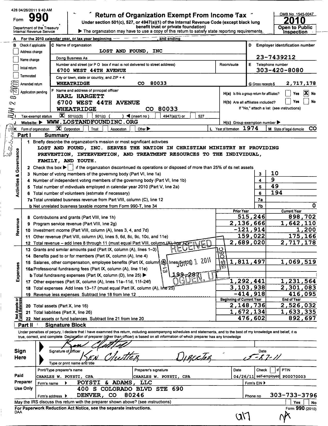 Image of first page of 2010 Form 990 for Lost and Found