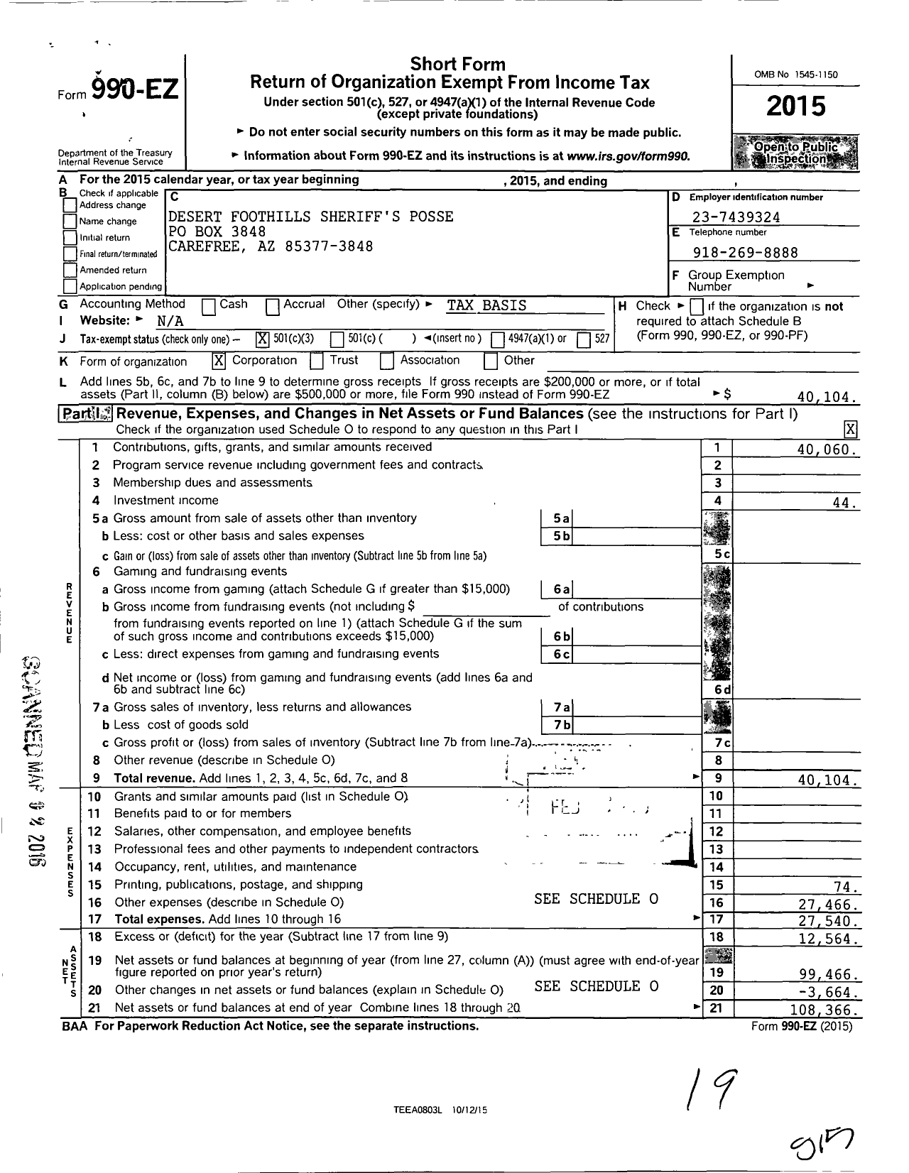 Image of first page of 2015 Form 990EZ for Desert Foothills Sheriffs Posse (DFSP)