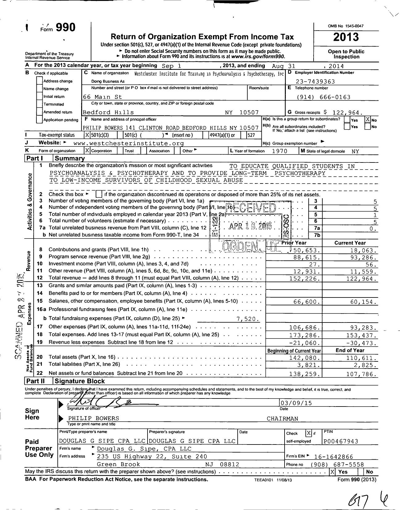 Image of first page of 2013 Form 990 for Westchester Institute for Training in Psychoanalysis and Psychotherapy