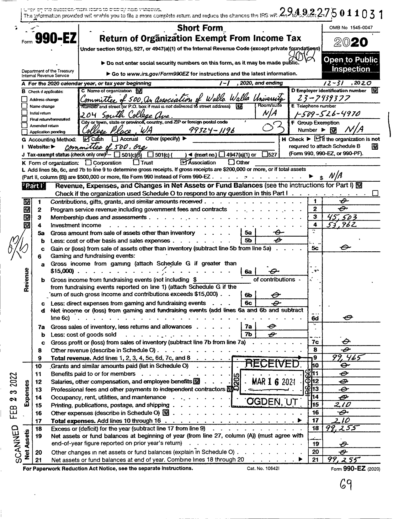 Image of first page of 2020 Form 990EZ for Committee of 500 An Association for Walla Walla College