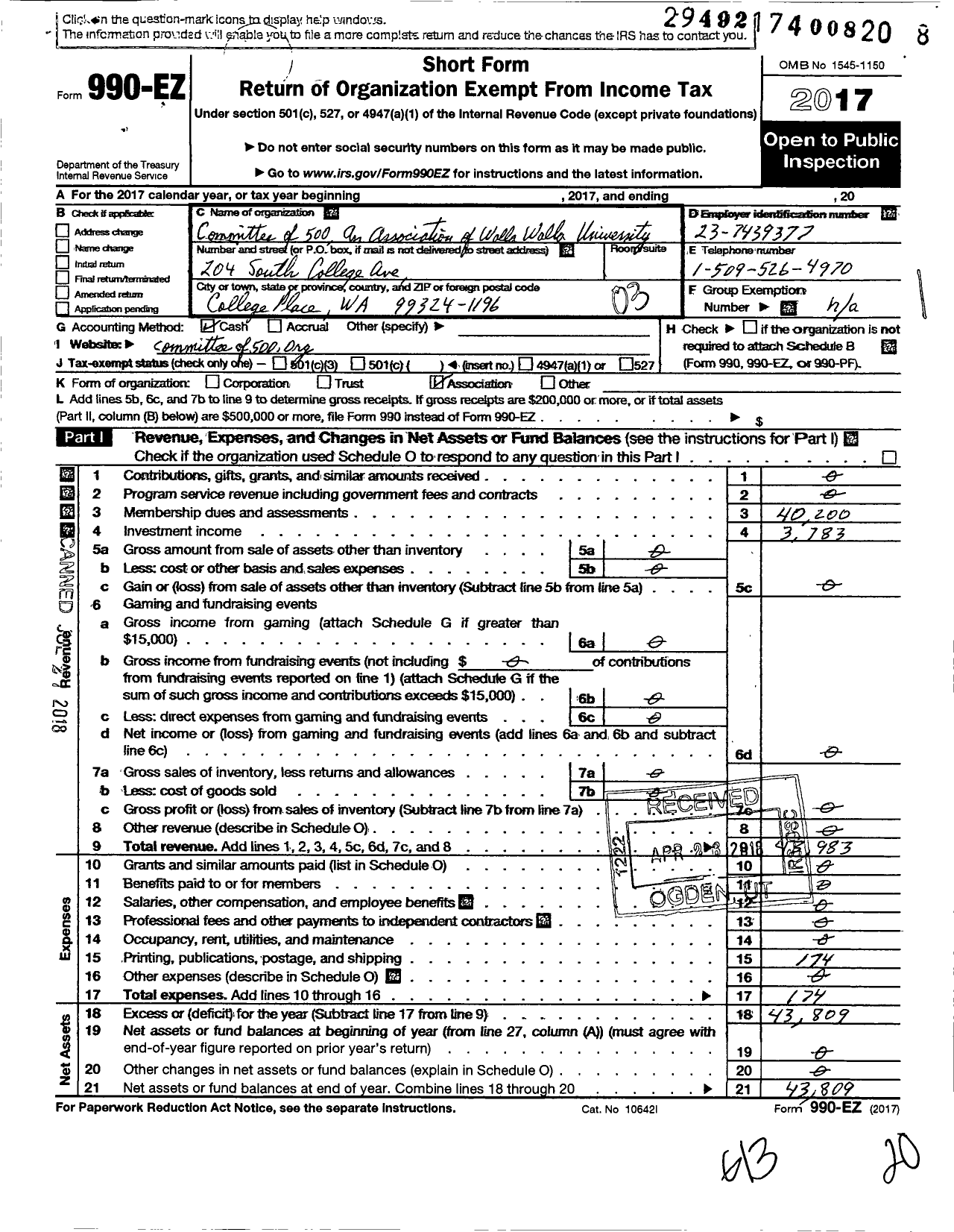 Image of first page of 2017 Form 990EZ for Committee of 500 An Association for Walla Walla College