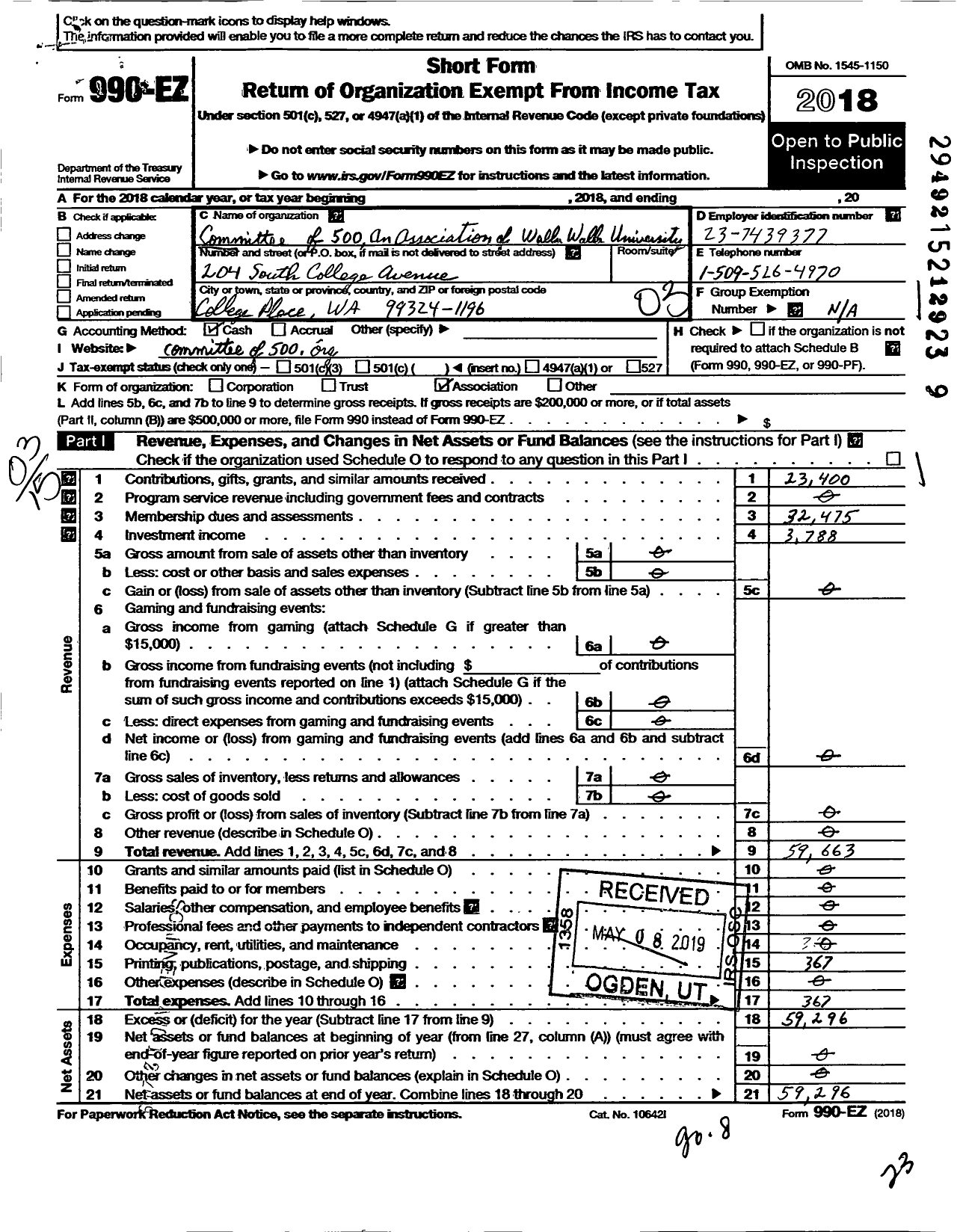 Image of first page of 2018 Form 990EZ for Committee of 500 An Association for Walla Walla College