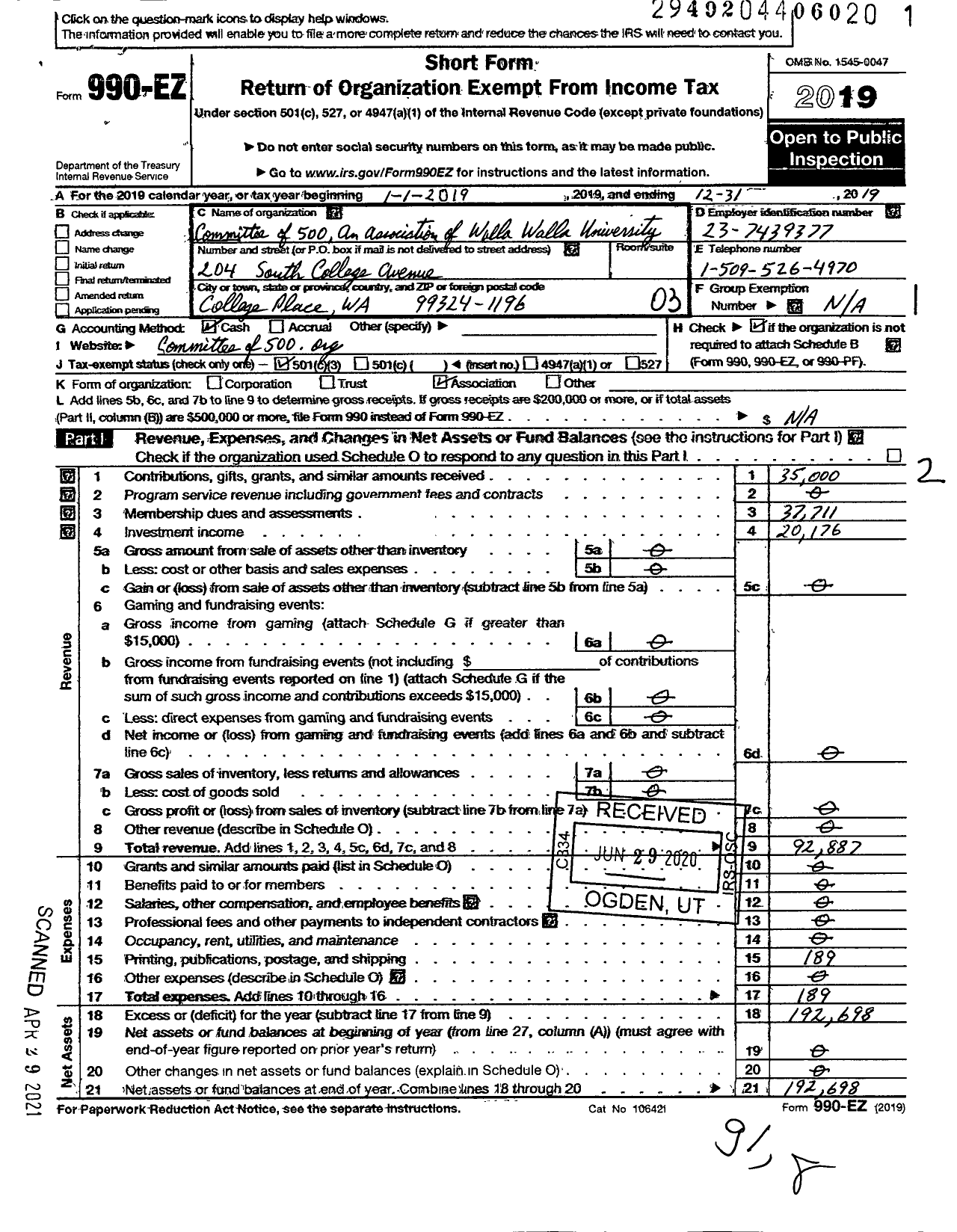 Image of first page of 2019 Form 990EZ for Committee of 500 An Association for Walla Walla College