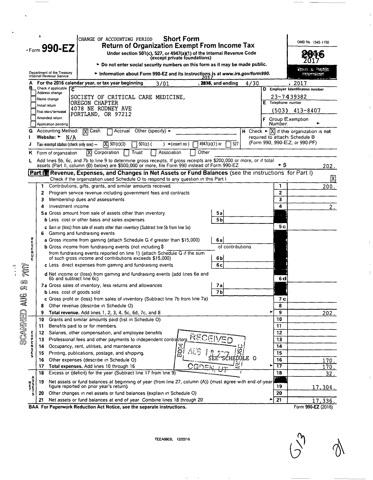 Image of first page of 2016 Form 990EZ for Society of Critical Care Medicine / Oregon Health Services Univ