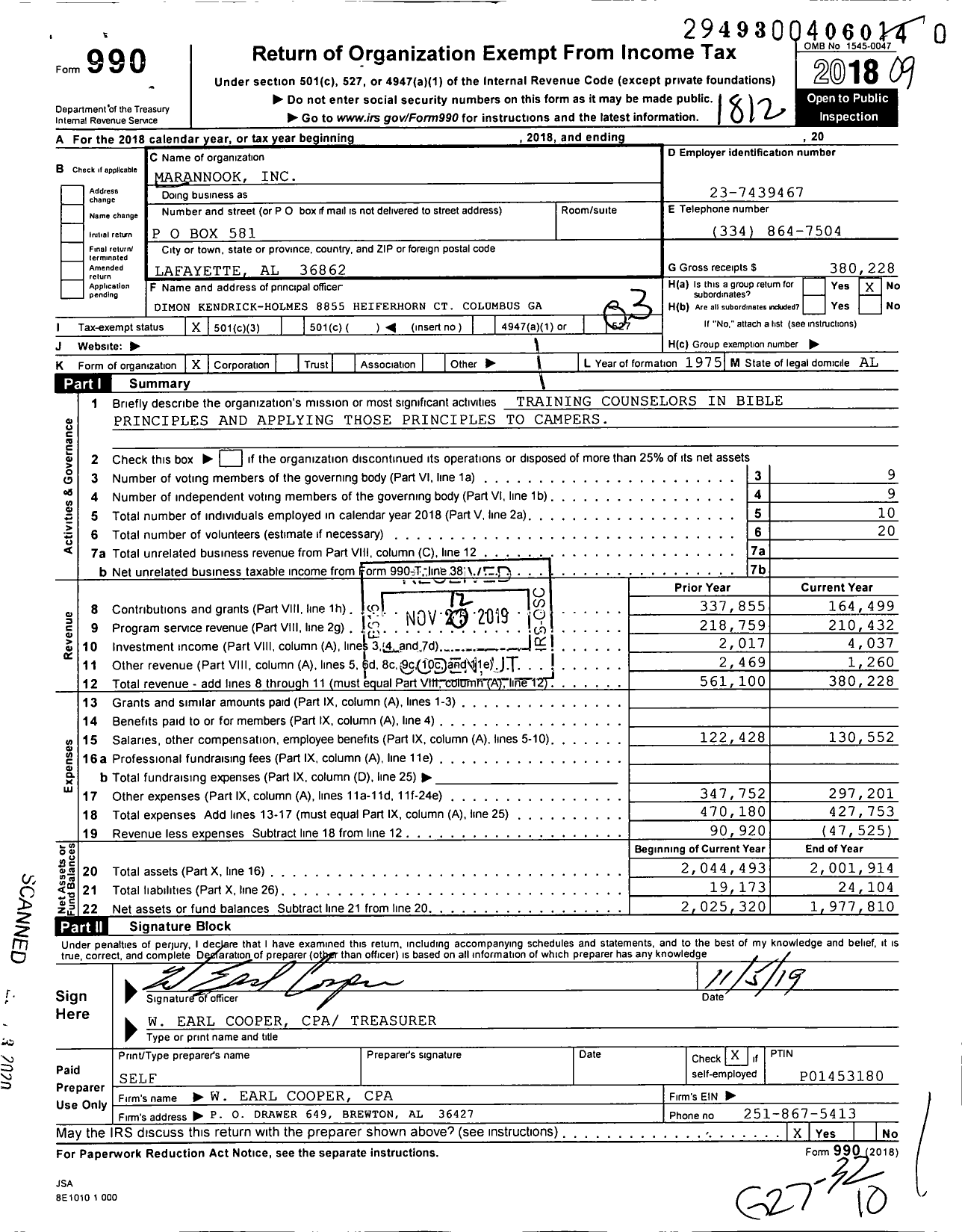 Image of first page of 2018 Form 990 for Marannook