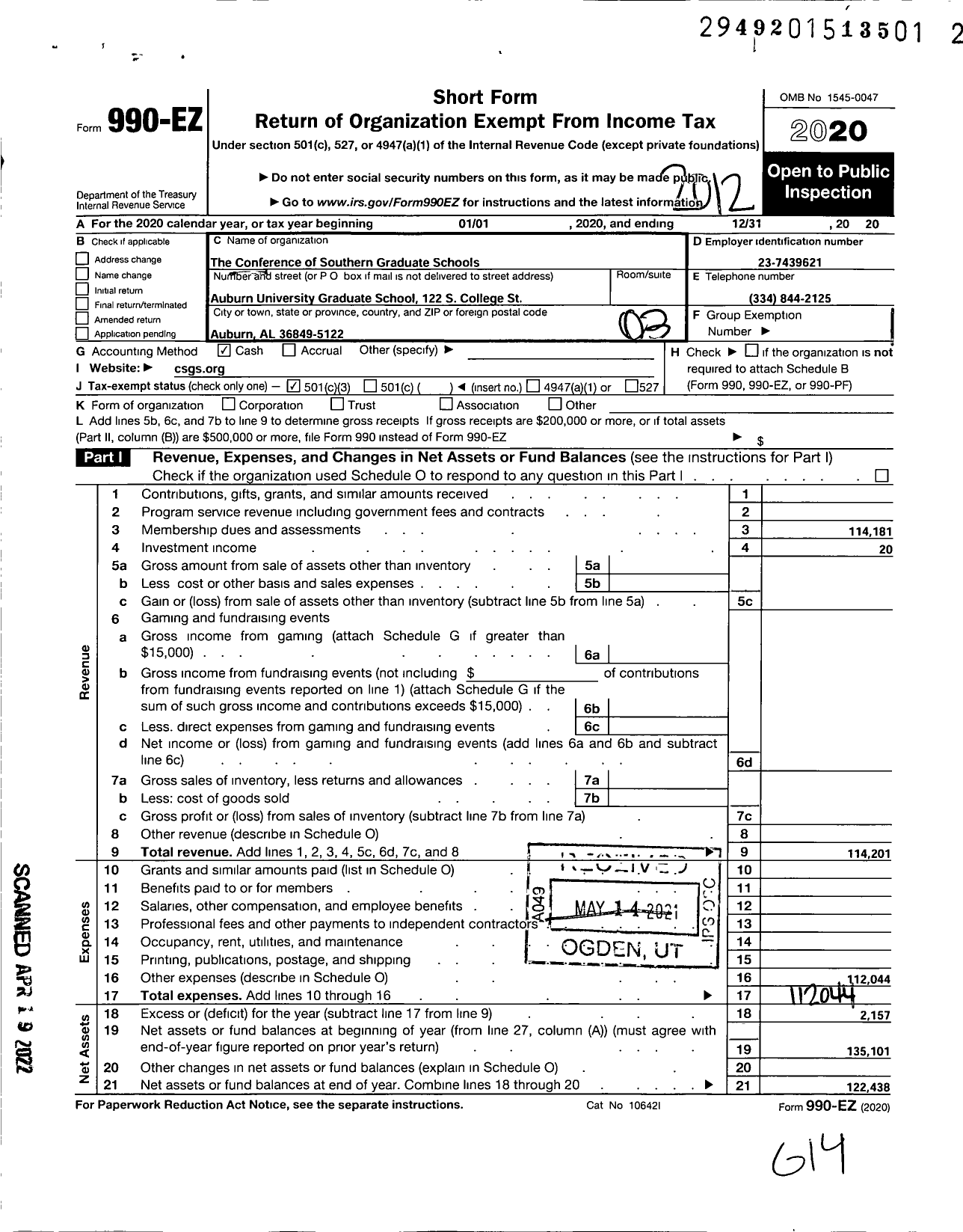 Image of first page of 2020 Form 990EZ for The Conference of Southern Graduate Schools